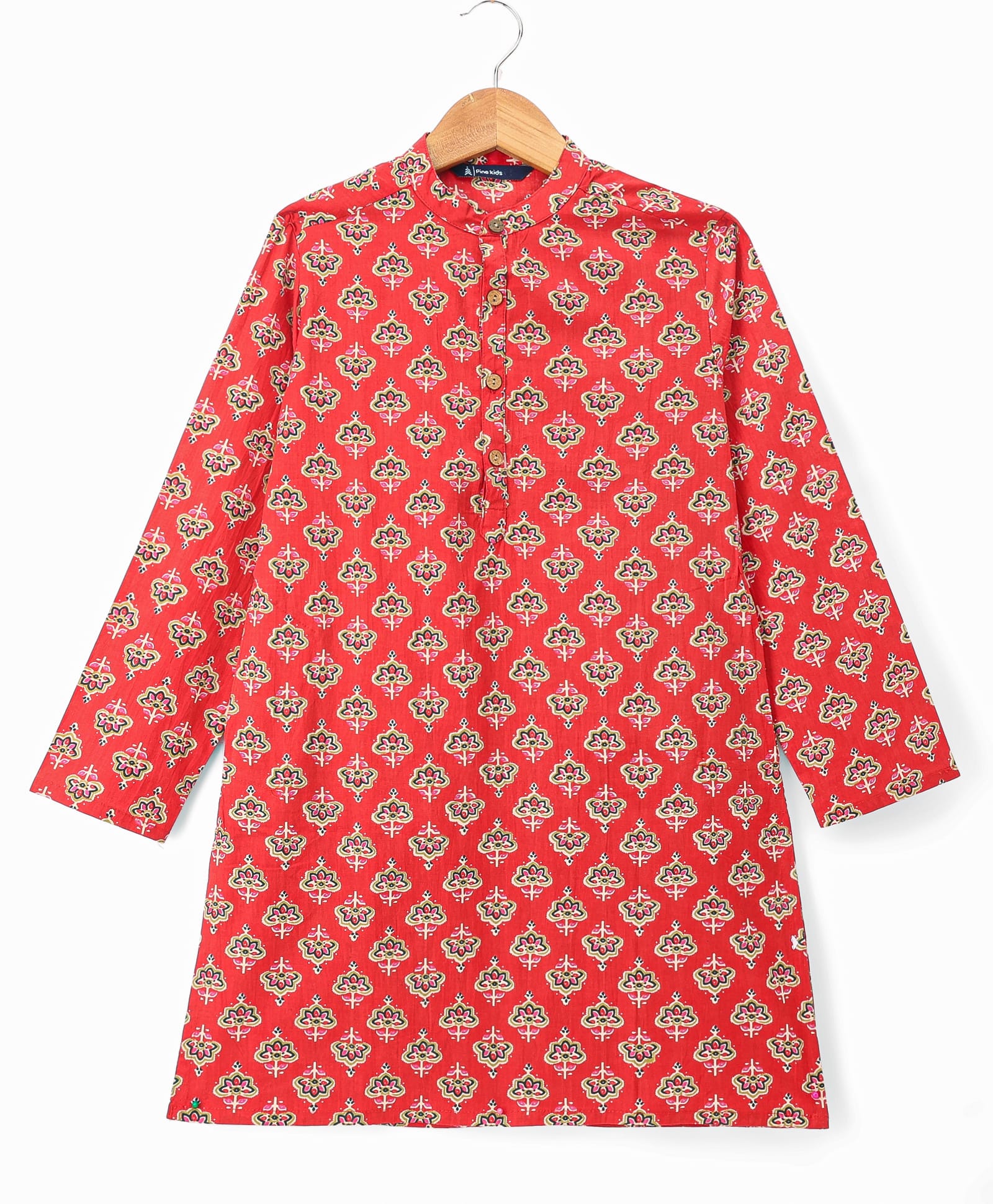 Pine Kids Cotton Woven Full Sleeves Kurta With Floral Print - Red-picture-47