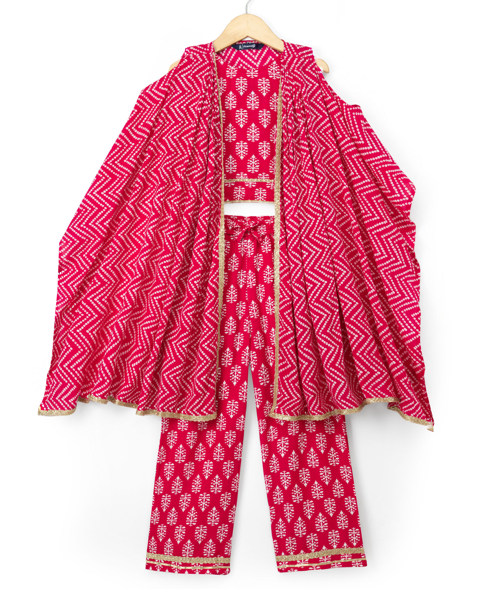 Pine Kids Rayon Woven Sleeveless Bandhani Printed Top Pant Set with Ethnic Jacket - Dark Pink-image-18