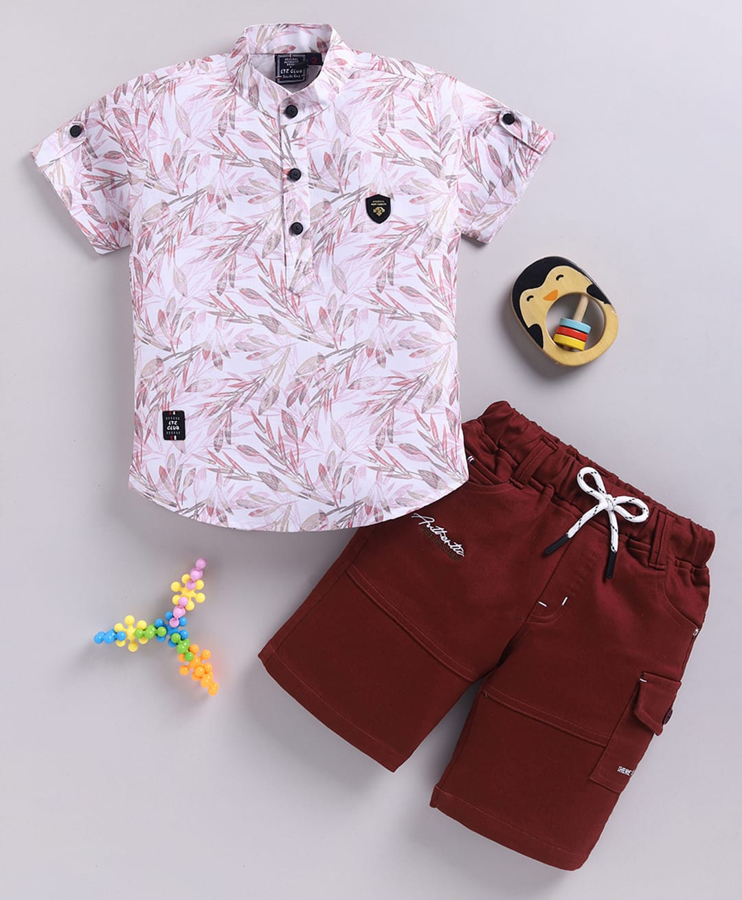 LTZ CLUB Textile Knit Half Sleeves Abstract Printed Shirt & Shorts - Maroon & White-image-14