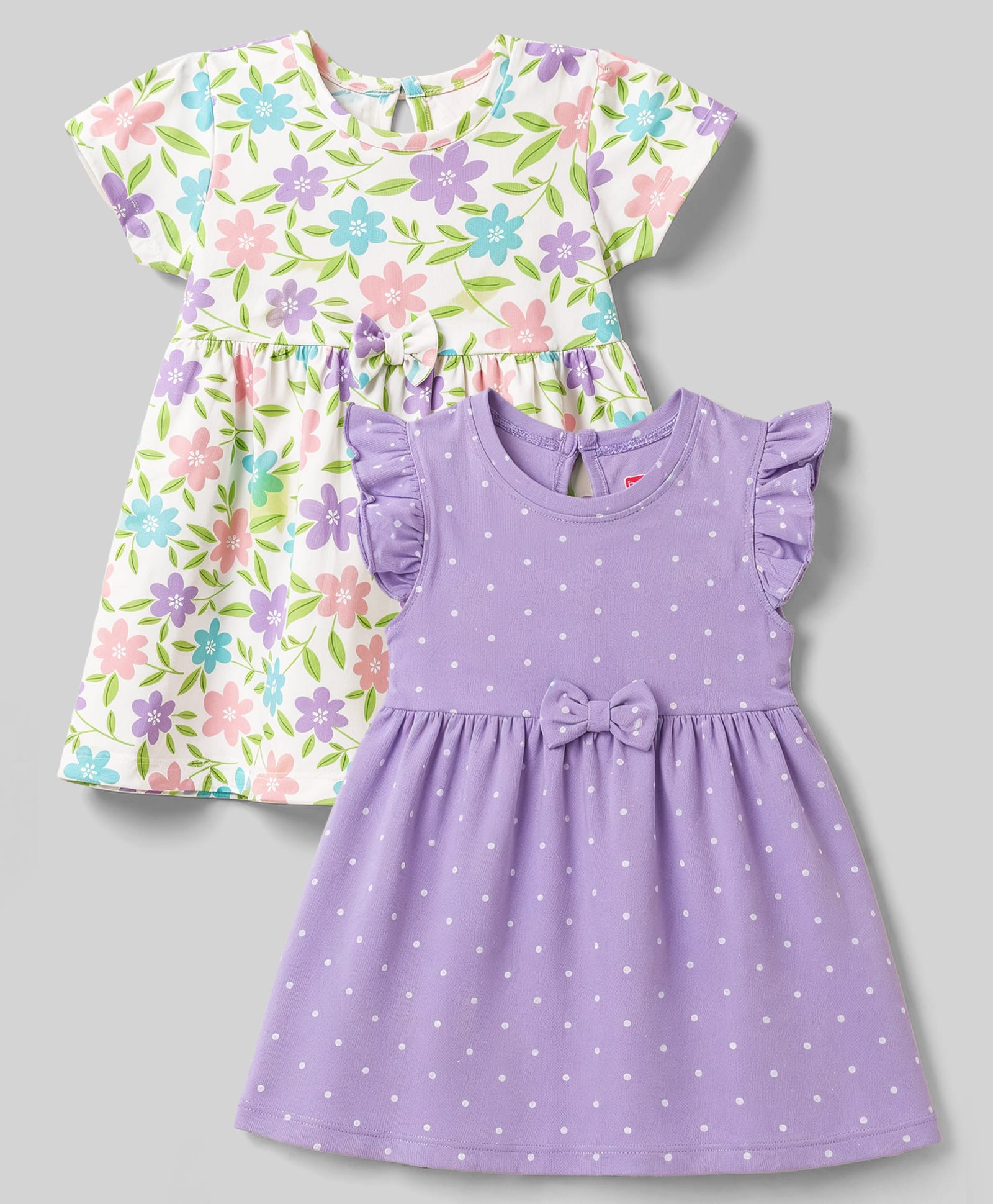 Babyhug Cotton Single Jersey Knit Half Sleeves Floral & Polka Dot Printed Frocks with Bow Applique Pack of 2 - White & Purple-picture-30