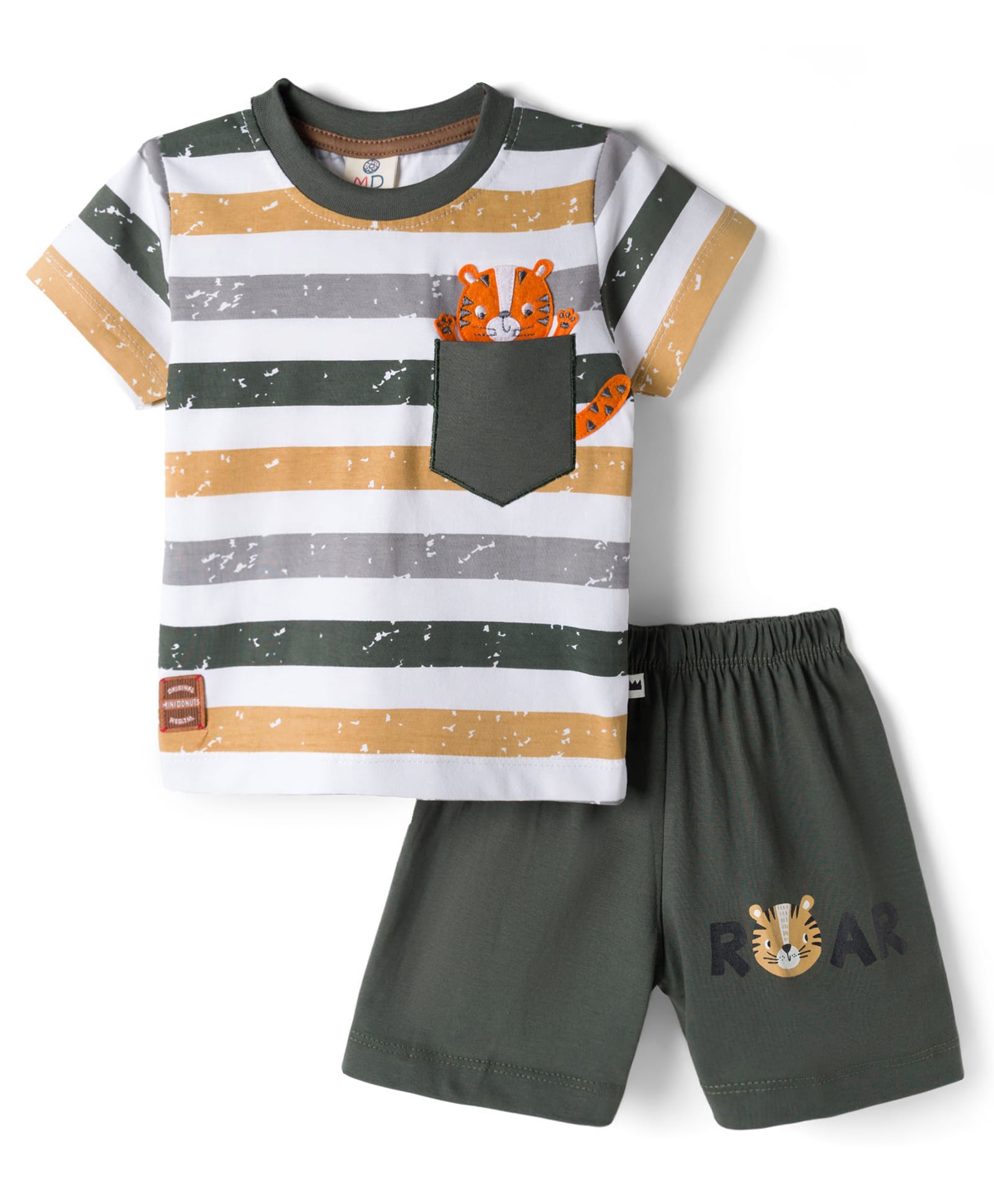 Mini Donuts Single Jersey Knit Half Sleeves T-Shirt & Shorts Set With Strips & Animal Print - Olive Green-image-22