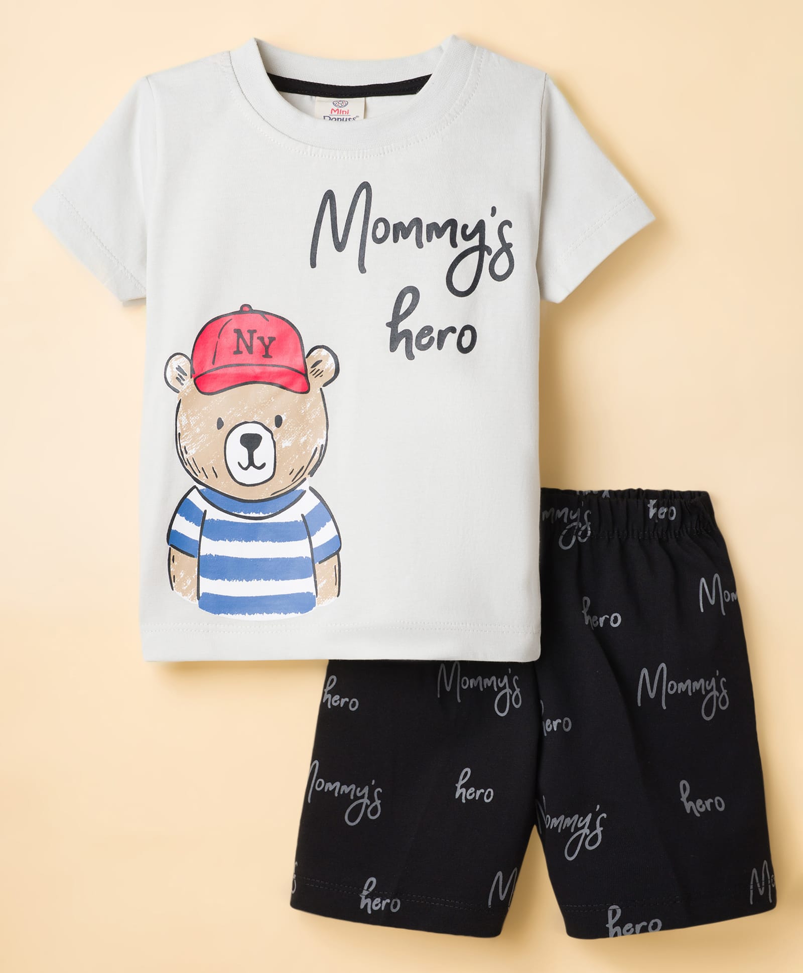 Mini Donuts Single Jersey Knit Half Sleeves T-Shirt & Shorts Set With Animal Print - Grey-picture-24