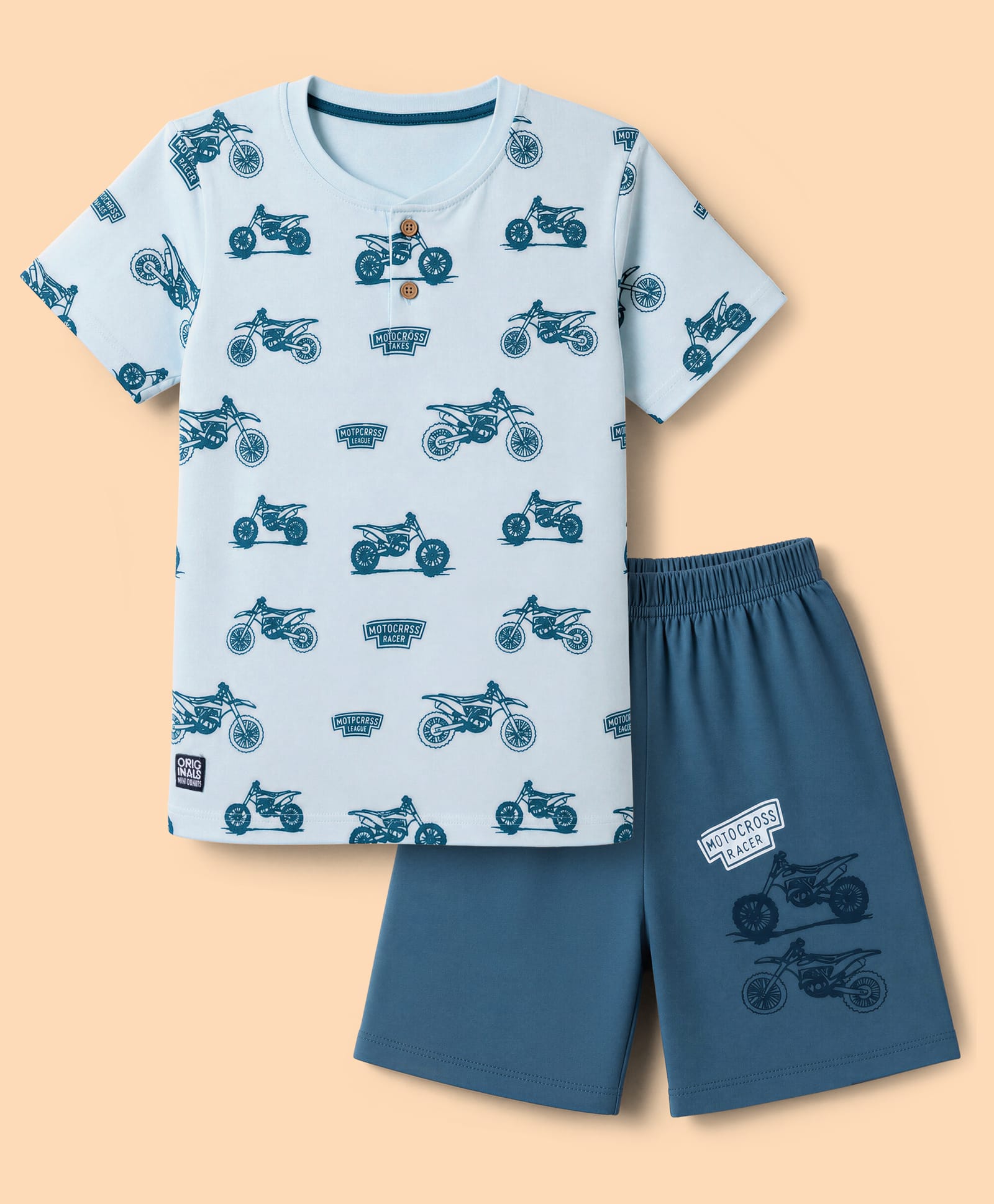 Mini Donuts Single Jersey Knit Half Sleeves T-Shirt & Shorts Set With Bike Print - Blue-image-40