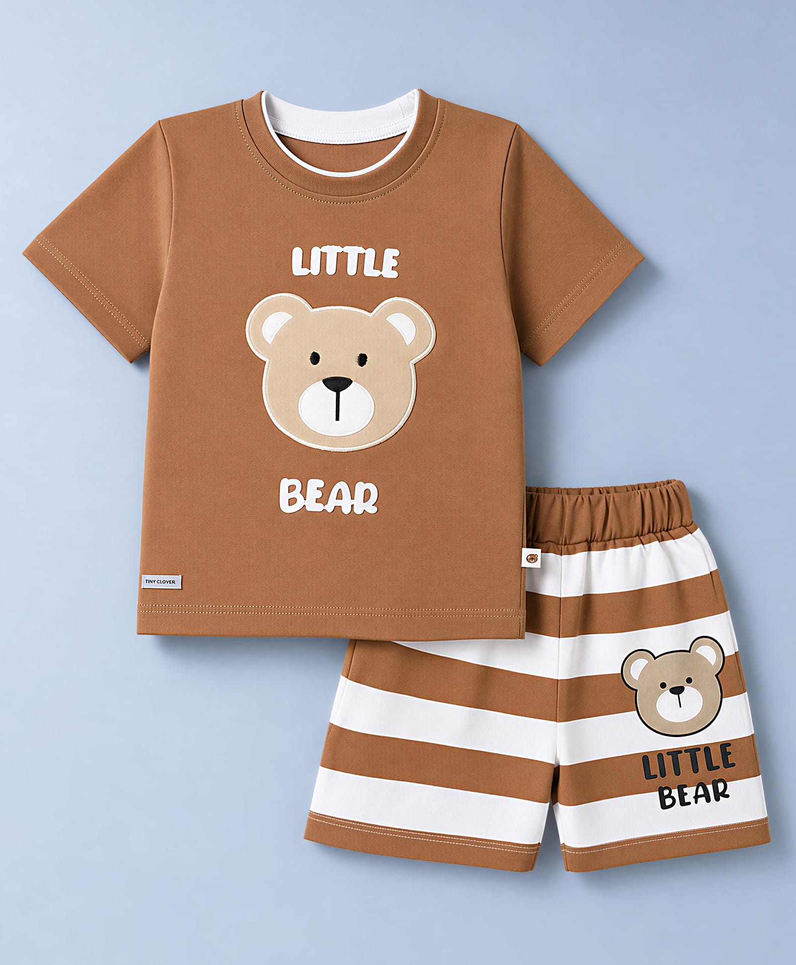 Mini Donuts Single Jersey Knit Half Sleeves T-Shirt & Shorts Set With Stripes & Bear Face Patch - Brown-picture-19