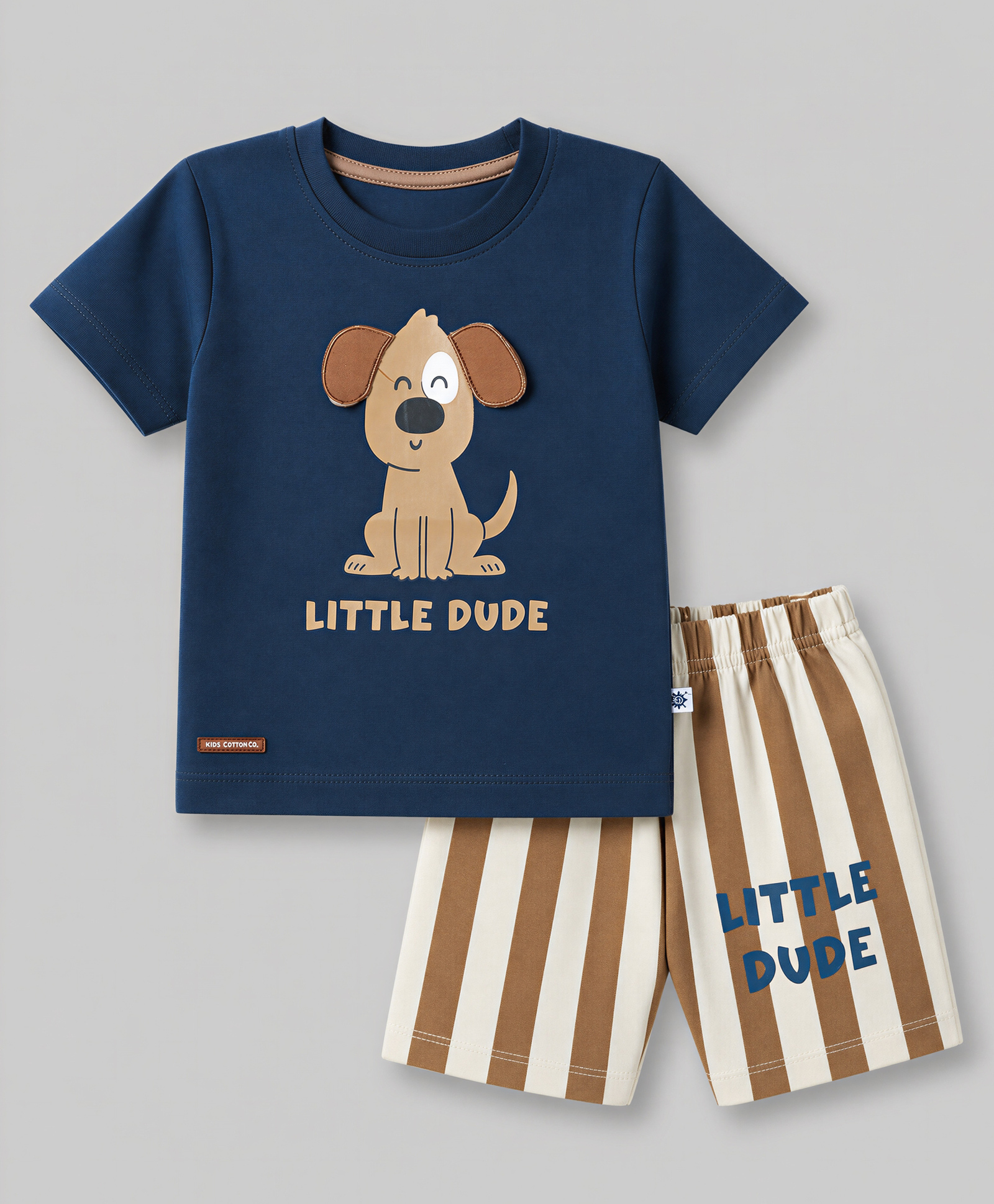 Mini Donuts Single Jersey Knit Half Sleeves T-Shirt & Shorts Set With Stripes & Puppy Applique - Blue-picture-14