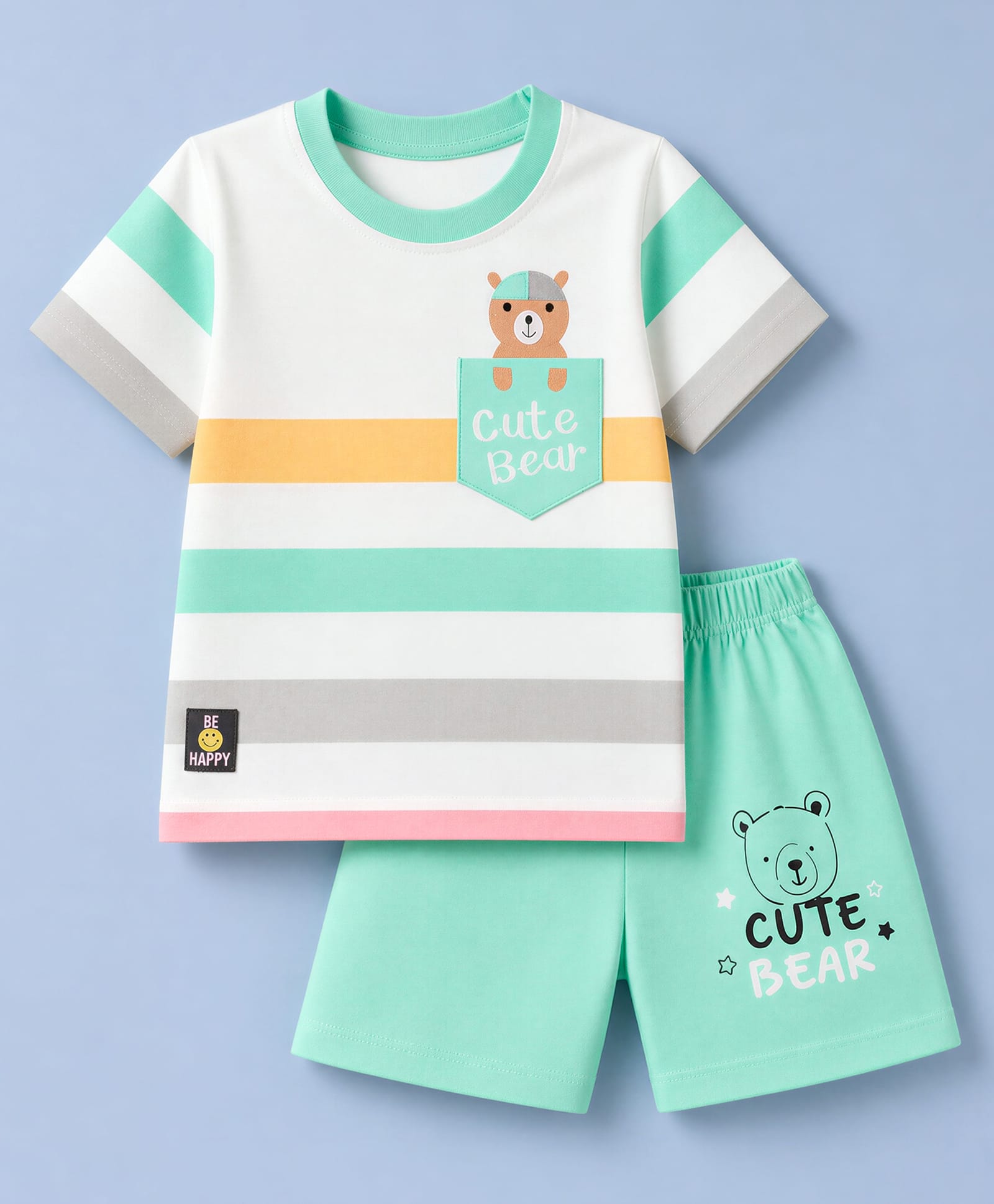 Mini Donuts Single Jersey Knit Half Sleeves T-Shirt & Shorts Set With Stripes & Bear Face Patch - Mint-picture-16