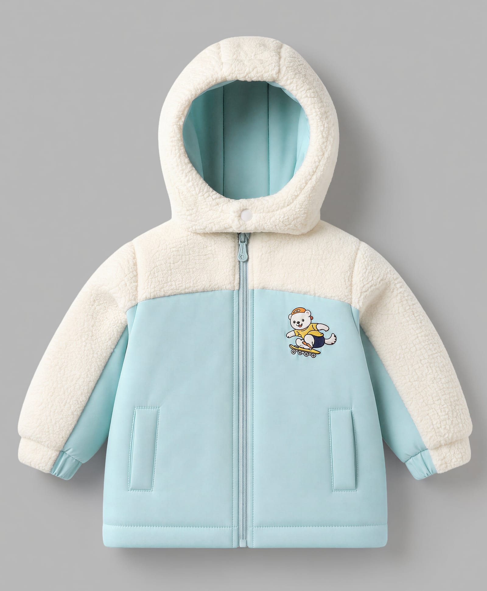 Babyoye Knit Full Sleeves Hooded Padded Winter Jacket With Skater Teddy Bear Print - Lighyt Blue-picture-39