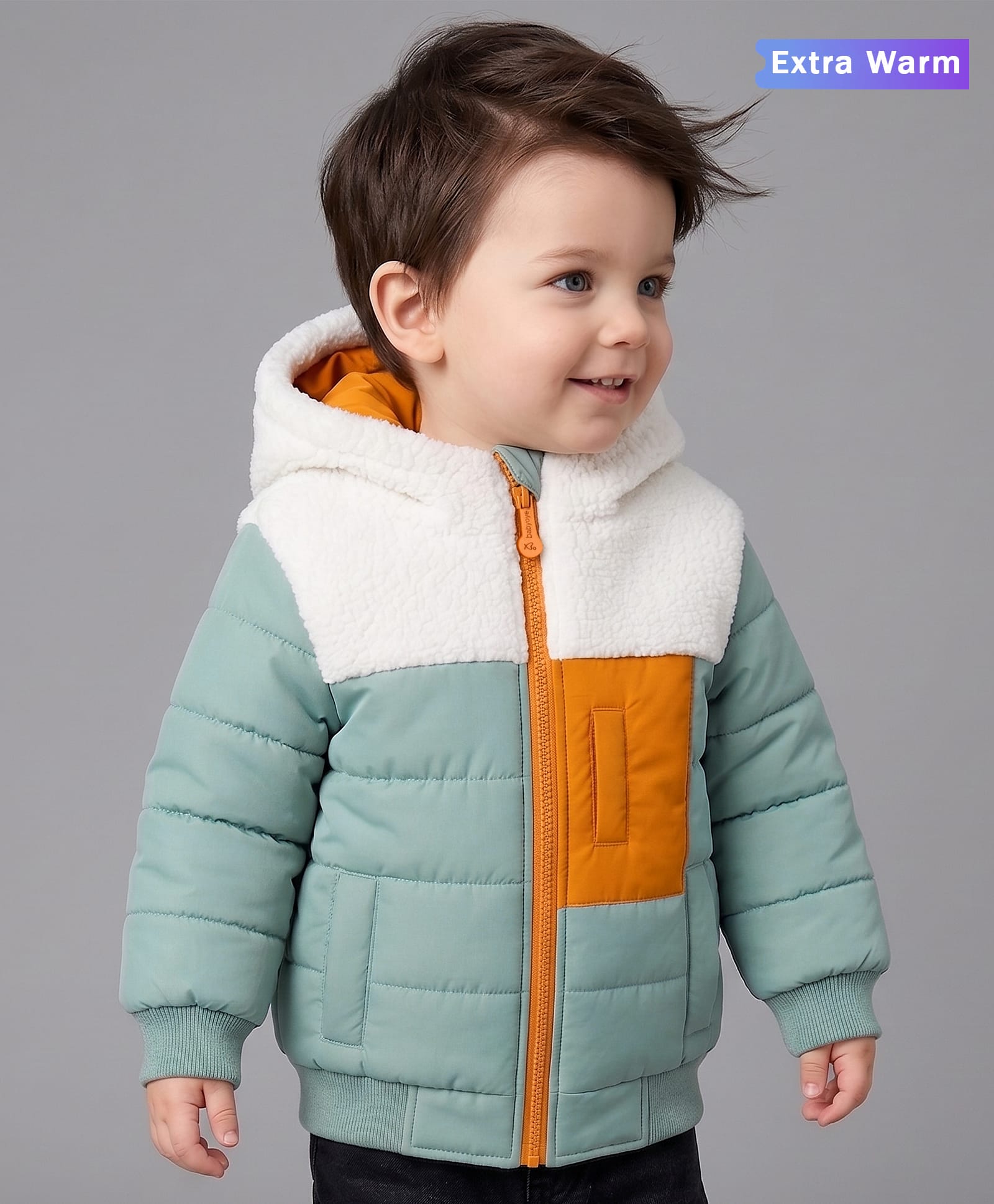 Babyoye Knit Hooded Padded/Quilted/ Winter Jacket With Full Sleeves and Color Block - Light Green-image-20