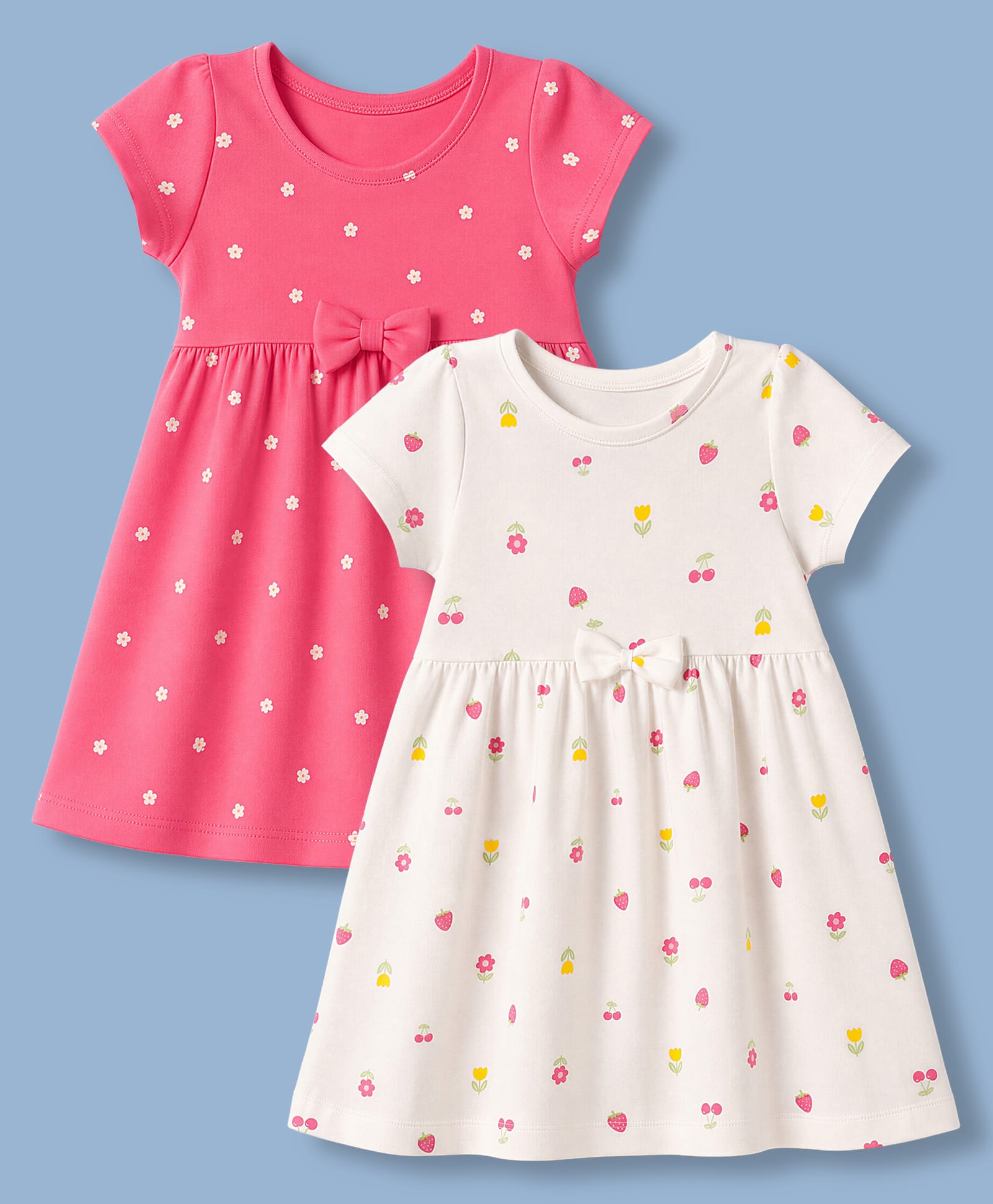Babyhug Single Jersey Knit Half Sleeves Tropical Theme & Floral Printed Frocks With Bow Applique Pack Of 2 - White & Dark Pink-picture-13