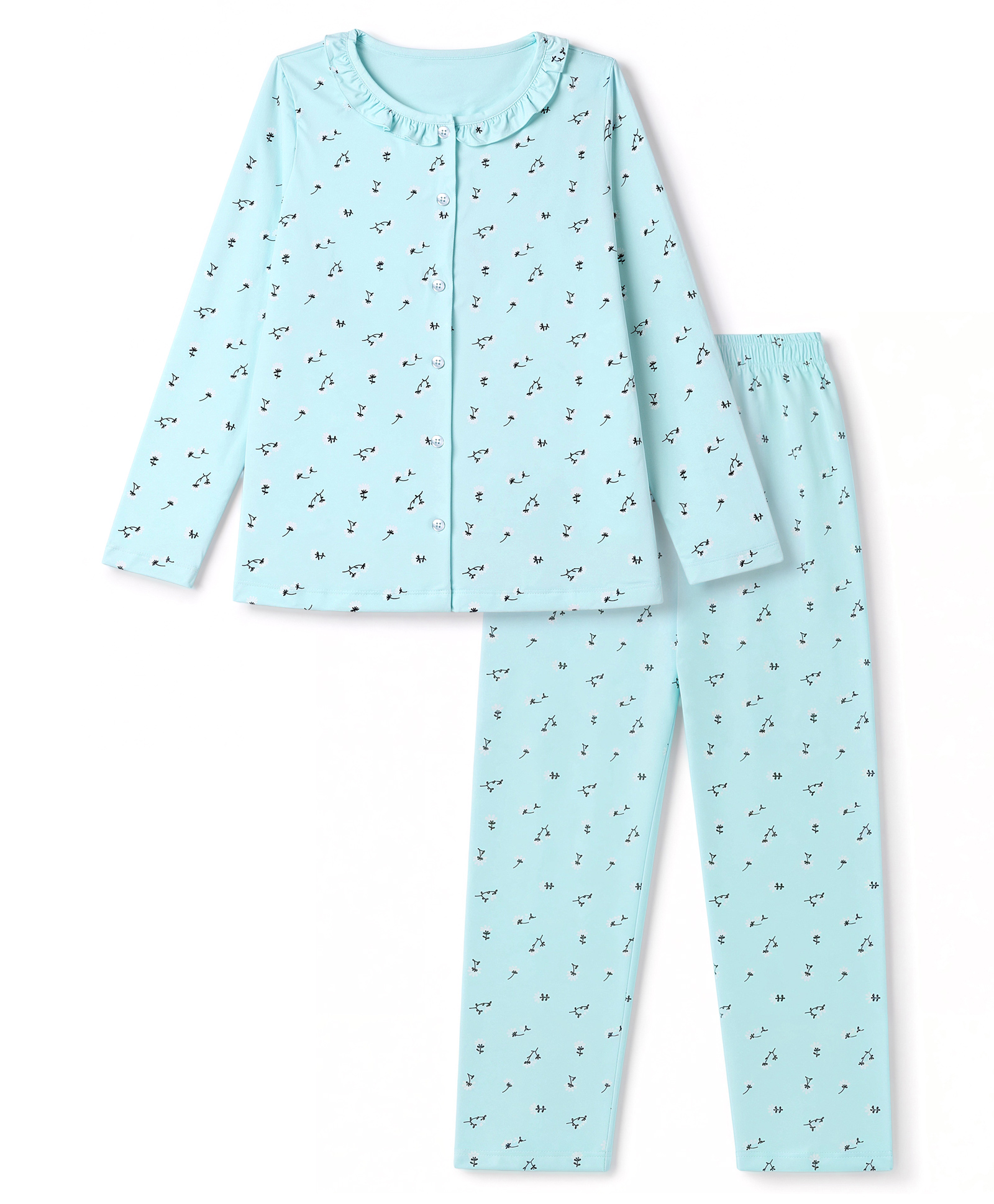 Smarty Girls Knit Full Sleeves Shirt & Pyjama Night Suit Co-Ords Set With Floral Print - Light Blue-picture-0