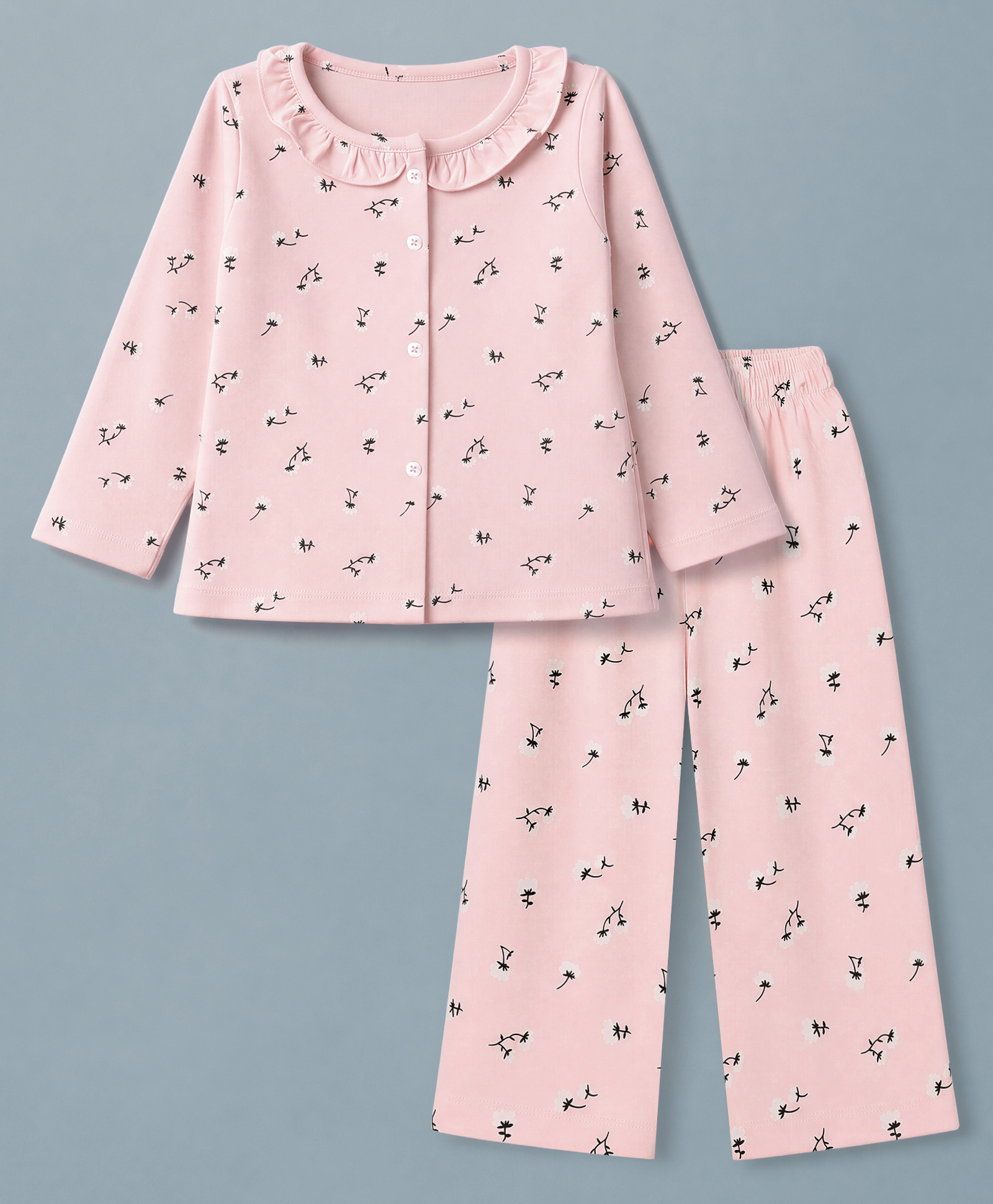 Smarty Girls Knit Full Sleeves Co-Ords Top & Pyjama Night Suit with Floral Print - Pink-picture-12