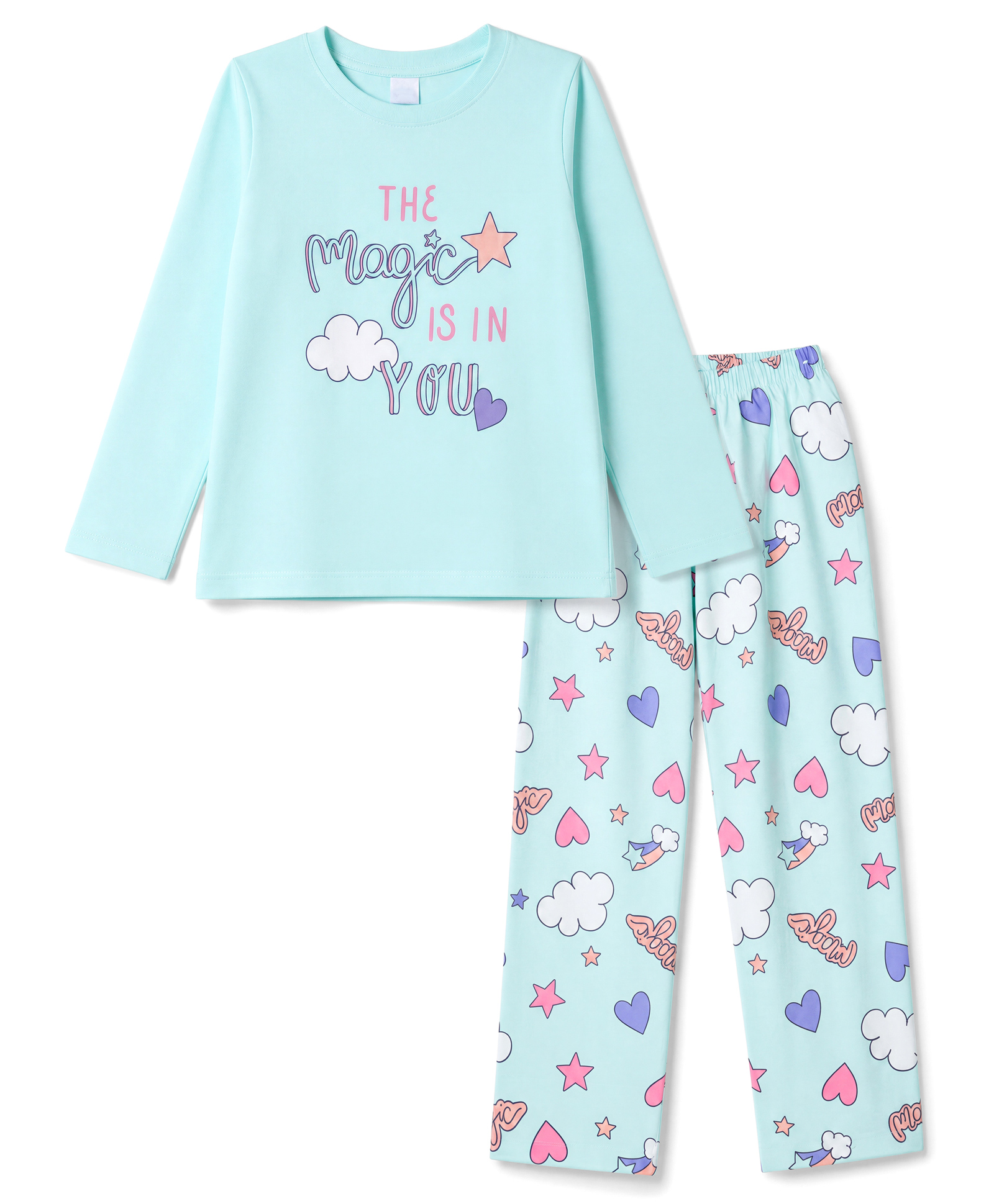 Smarty Girls Knit Full Sleeves T-Shirt & Pyjama Night Suit with Heart Rainbow & Text Print - Sky Blue-picture-24