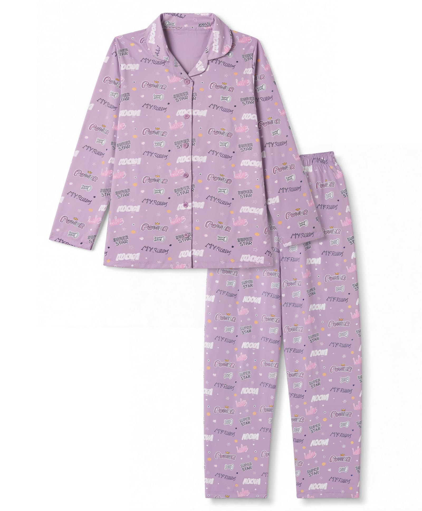 Smarty Girls Knit Full Sleeves Co-Ords Shirt & Pyjama Night Suit with Text Print - Lilac-picture-26