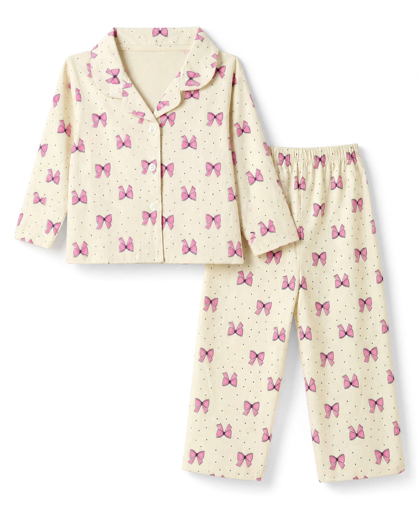 Smarty Girls Knit Full Sleeves Co-Ords Shirt & Pyjama Night Suit with Bow Print - Cream-picture-14