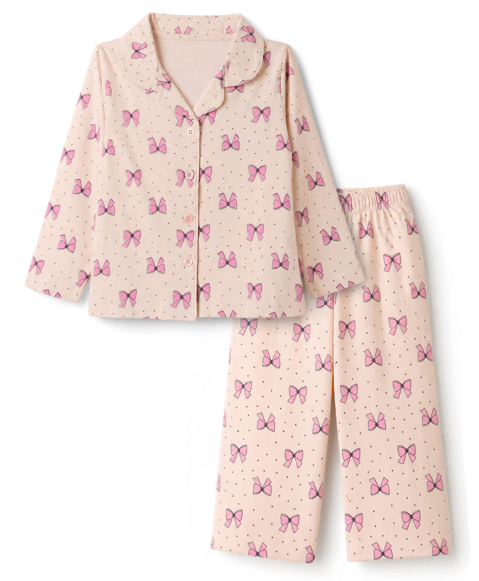 Smarty Girls Knit Full Sleeves Co-Ords Shirt & Pyjama Night Suit with Bow Print - Light Peach-image-8