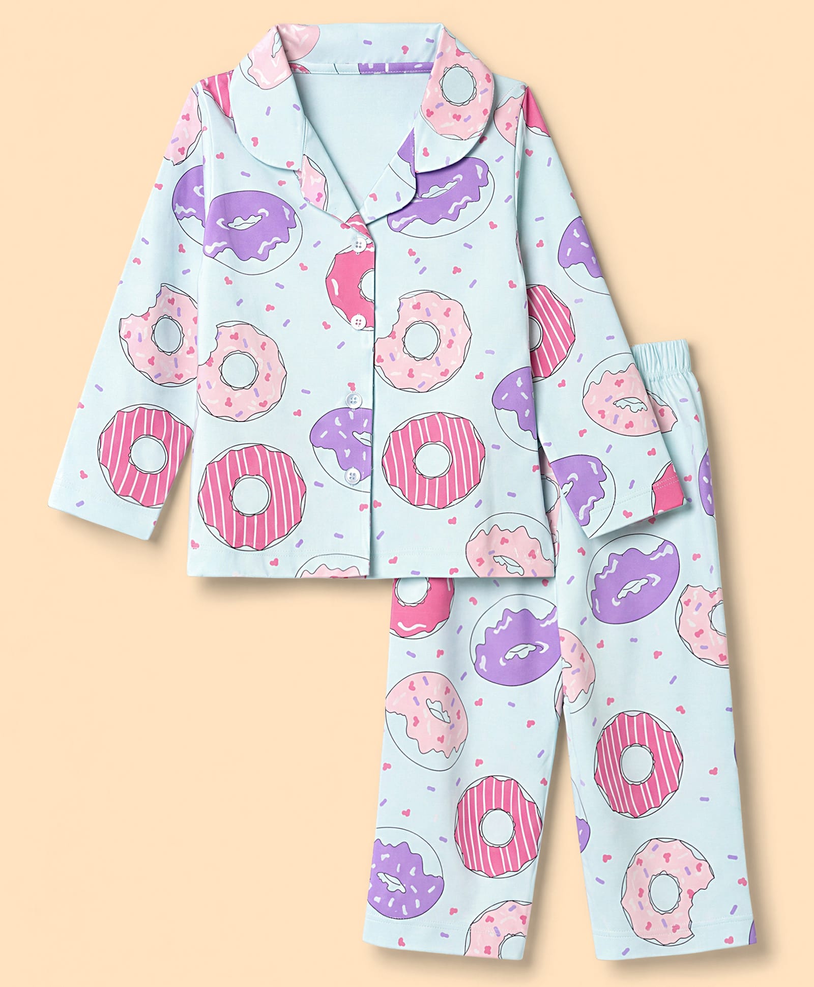 smarty girls Smarty Girl Knit Full Sleeves Co-Ords Shirt & Pyjama Night Suit with Donut Print - Sky Blue-picture-44