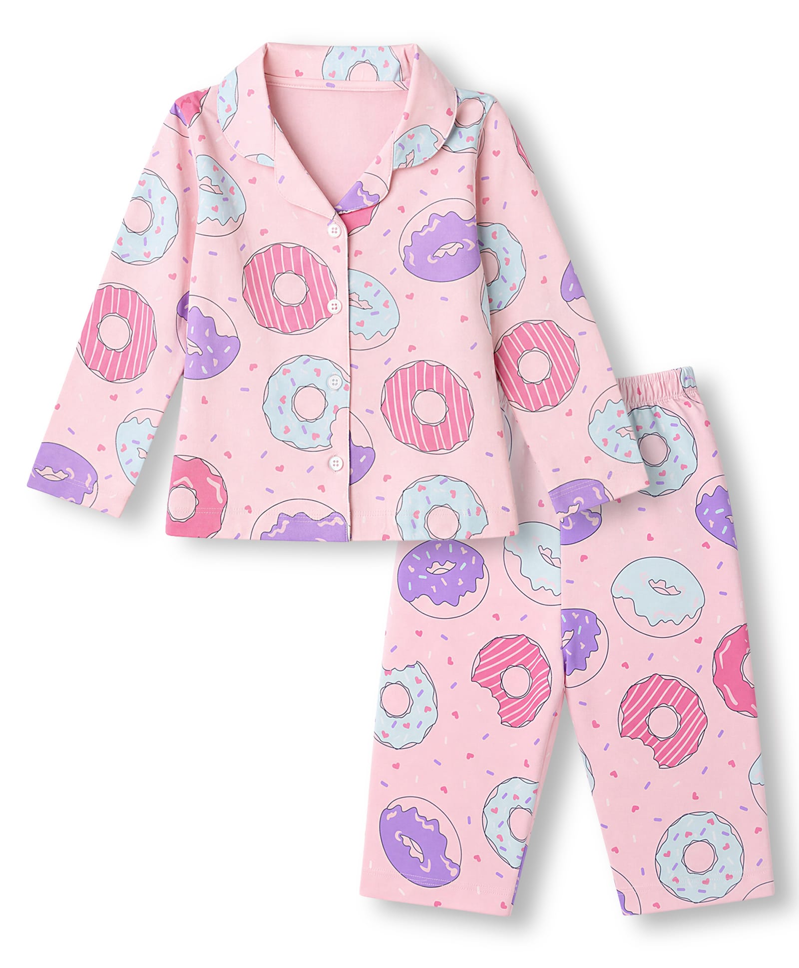 Smarty Girls Knit Full Sleeves Co-Ords Shirt & Pyjama Night Suit with Donut Print - Pink-picture-45