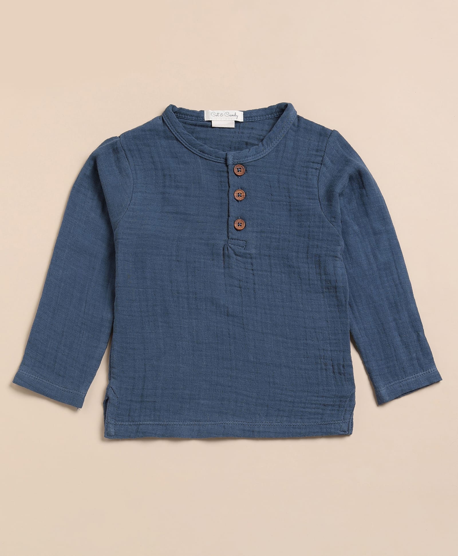 Cot & Candy Muslin Woven Full Sleeves Solid Tee - Navy Blue-picture-19