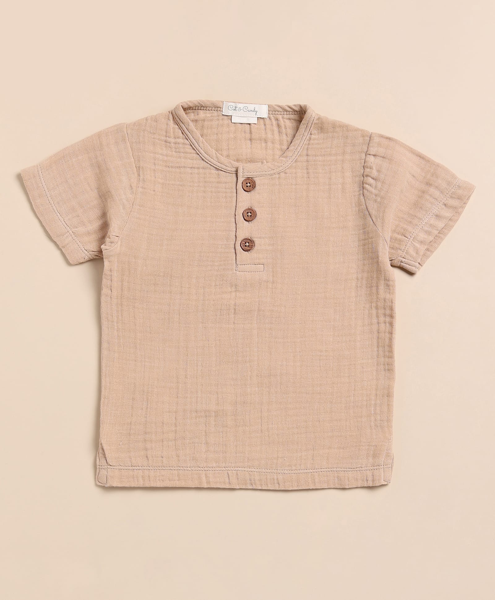 Cot & Candy Muslin Woven Half Sleeves Solid Tee - Beige-picture-12