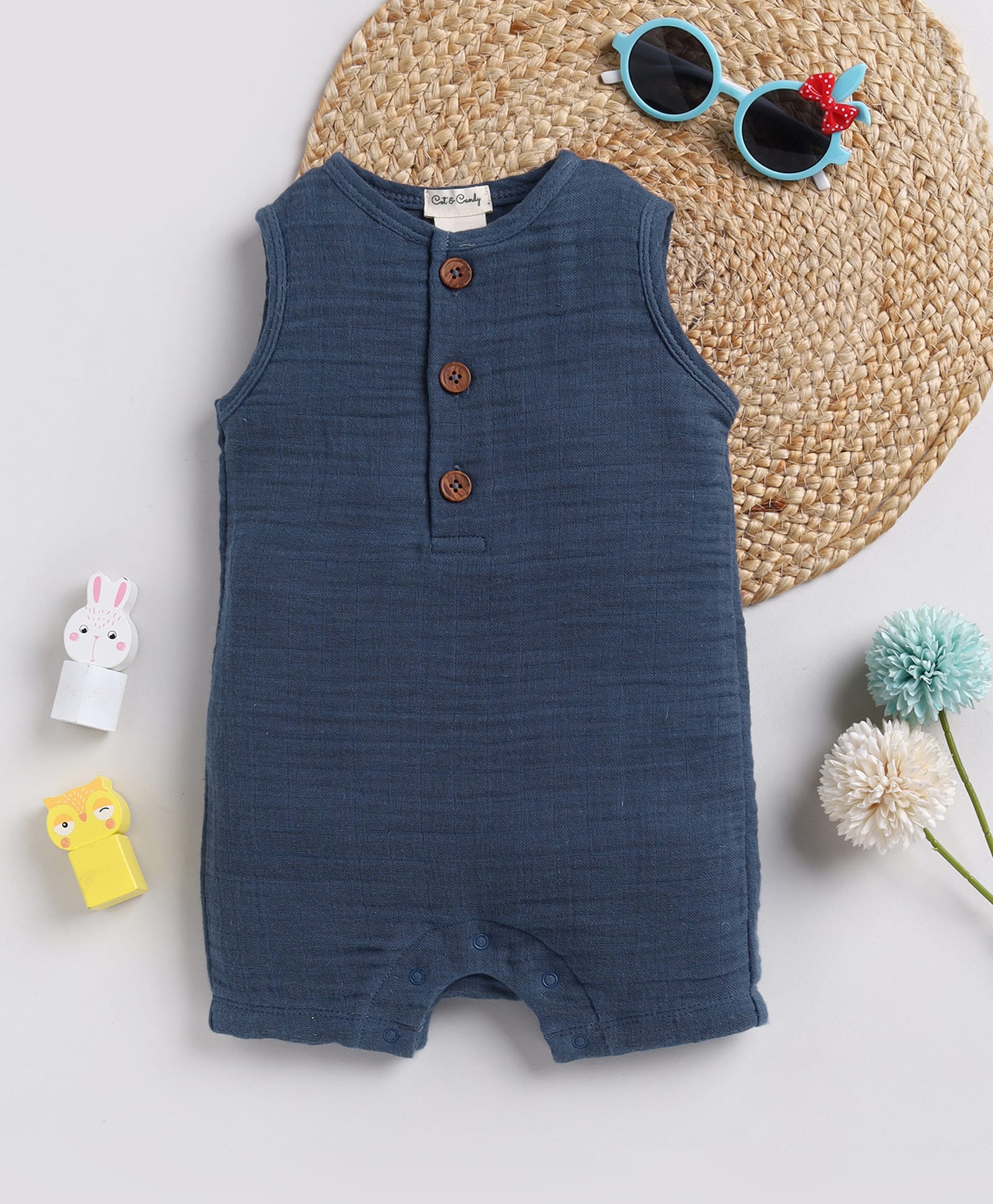 Cot & Candy Muslin Woven Sleeveless Solid Romper - Navy Blue-picture-12