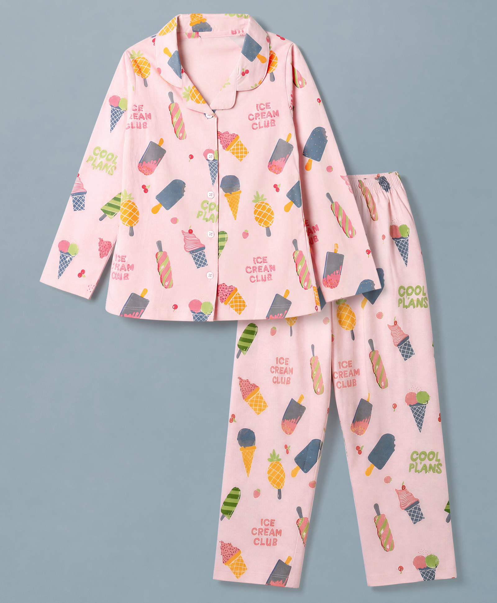 Smarty Girls Knit Full Sleeves Co-Ords Shirt & Pyjama Night Suit with Ice-Cream Print - Baby Pink-picture-47