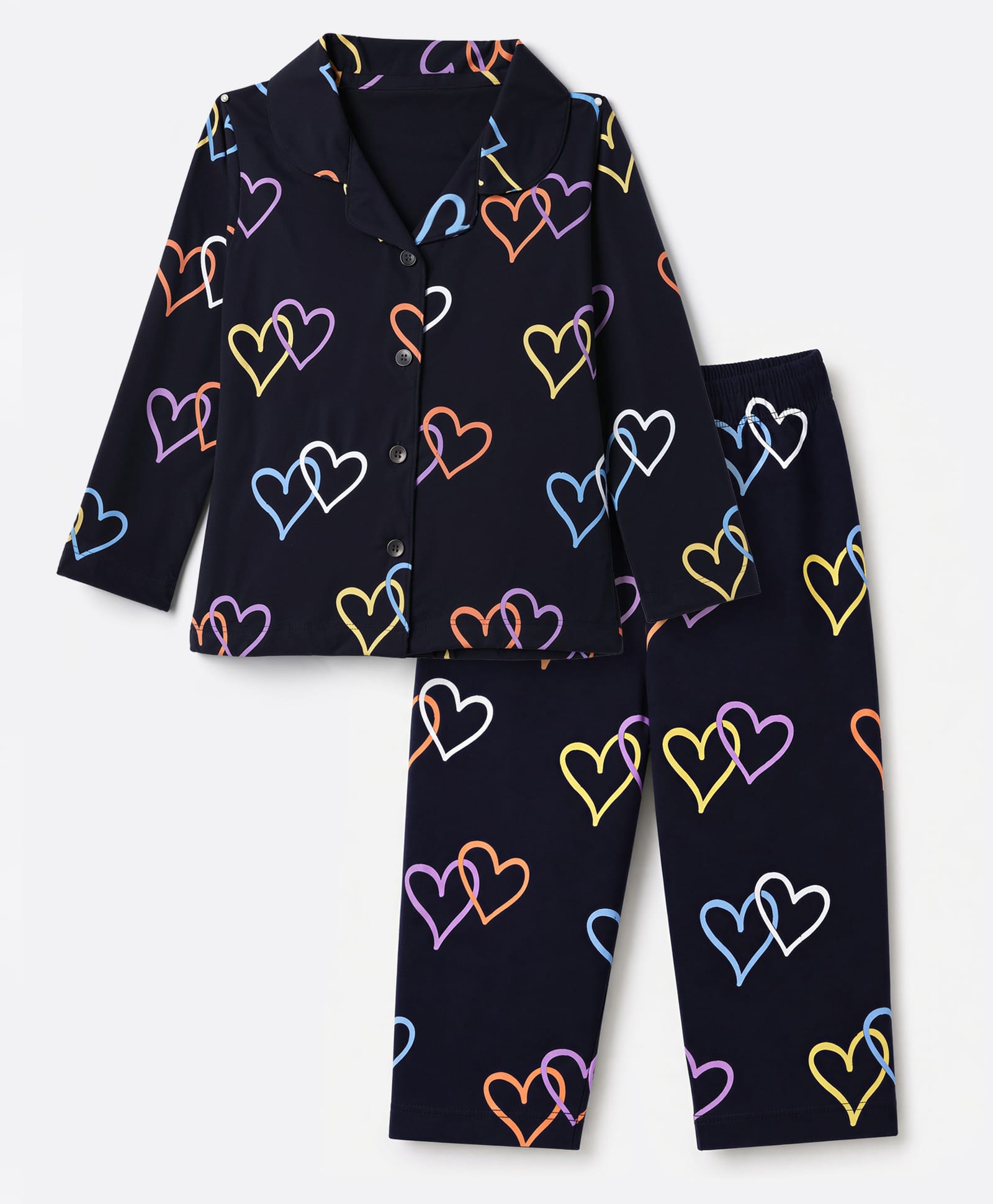 Smarty Girls Knit Full Sleeves Co-Ords Shirt & Pyjama Night Suit with Heart Print - Navy Blue-picture-13