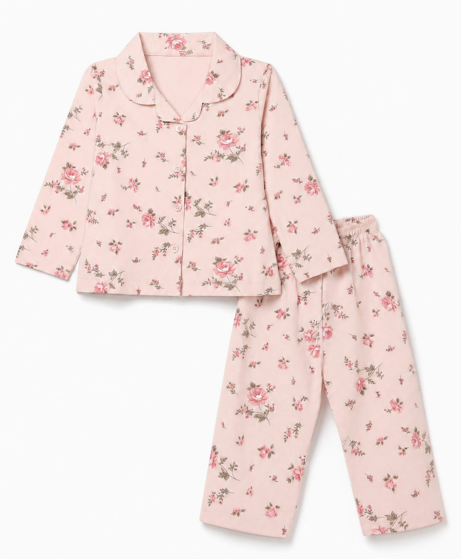 Smarty Girls Knit Full Sleeves Co-Ords Shirt & Pyjama Night Suit with Floral Print - Light Peach-picture-19