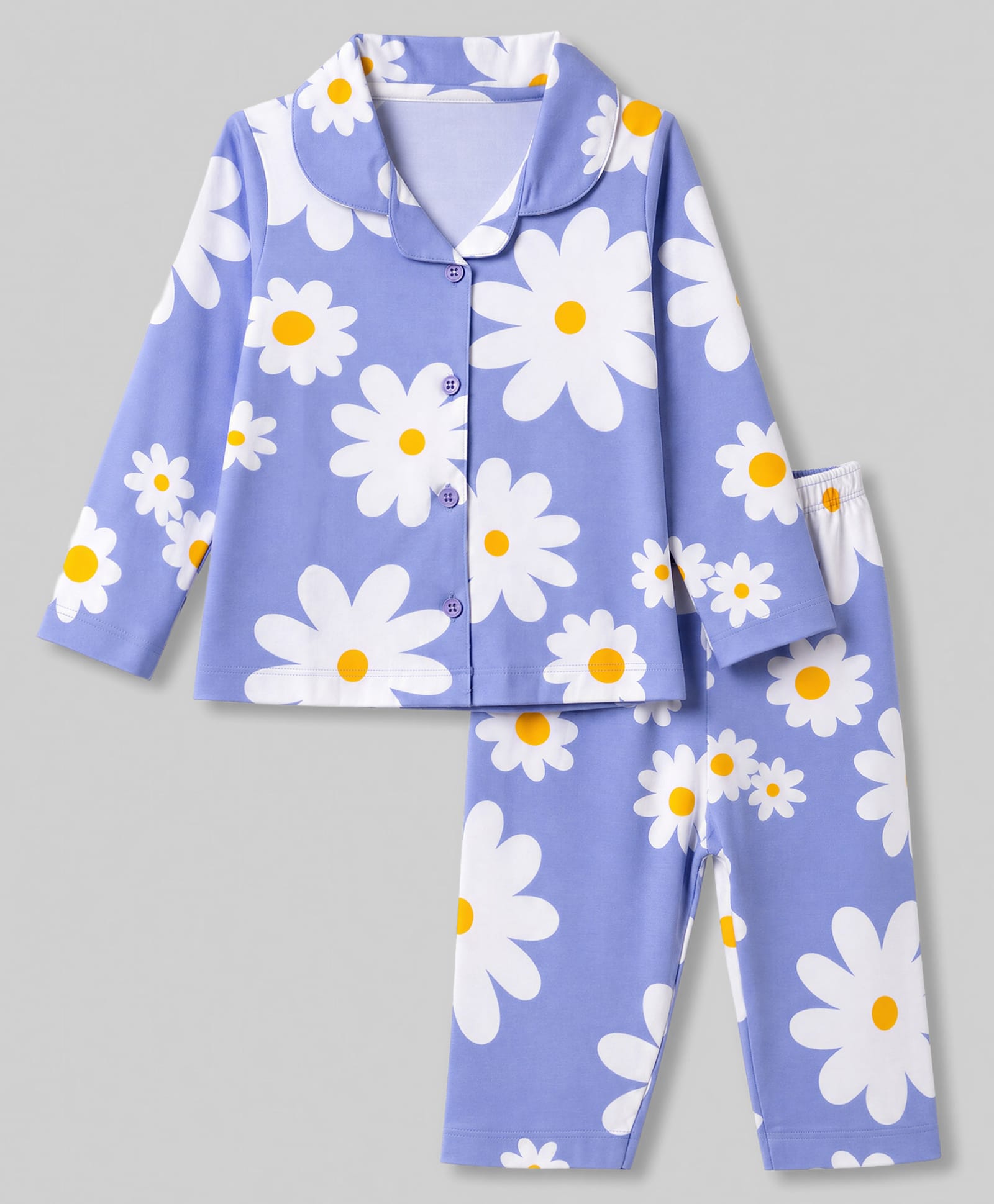 Smarty Girls Knit Full Sleeves Co-Ords Shirt & Pyjama Night Suit with Daisy Print - Violet-picture-41