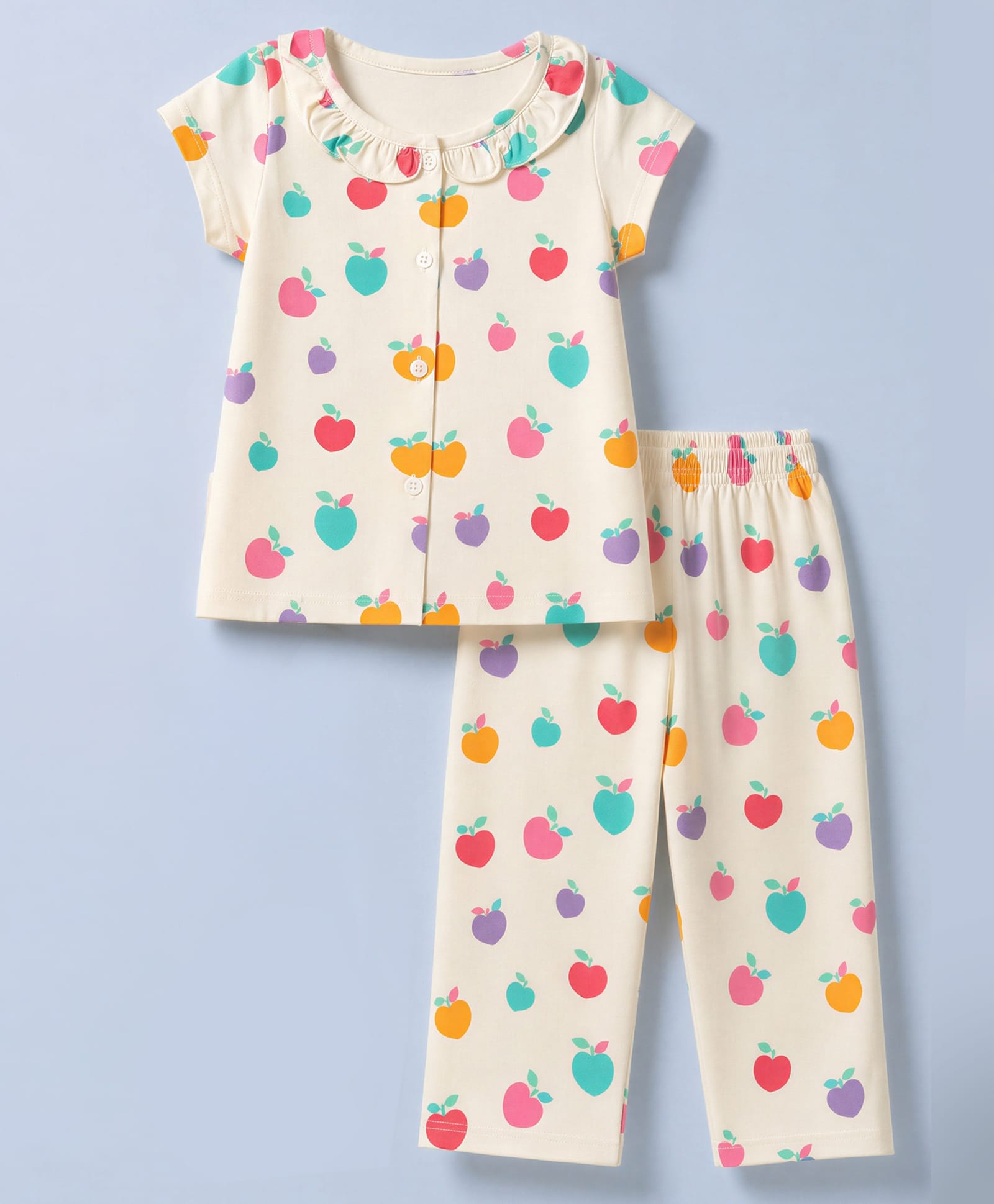 Smarty Girls Knit Half Sleeves Co-Ords T-Shirt & Pyjama Night Suit with Fruit Print - Cream-picture-49