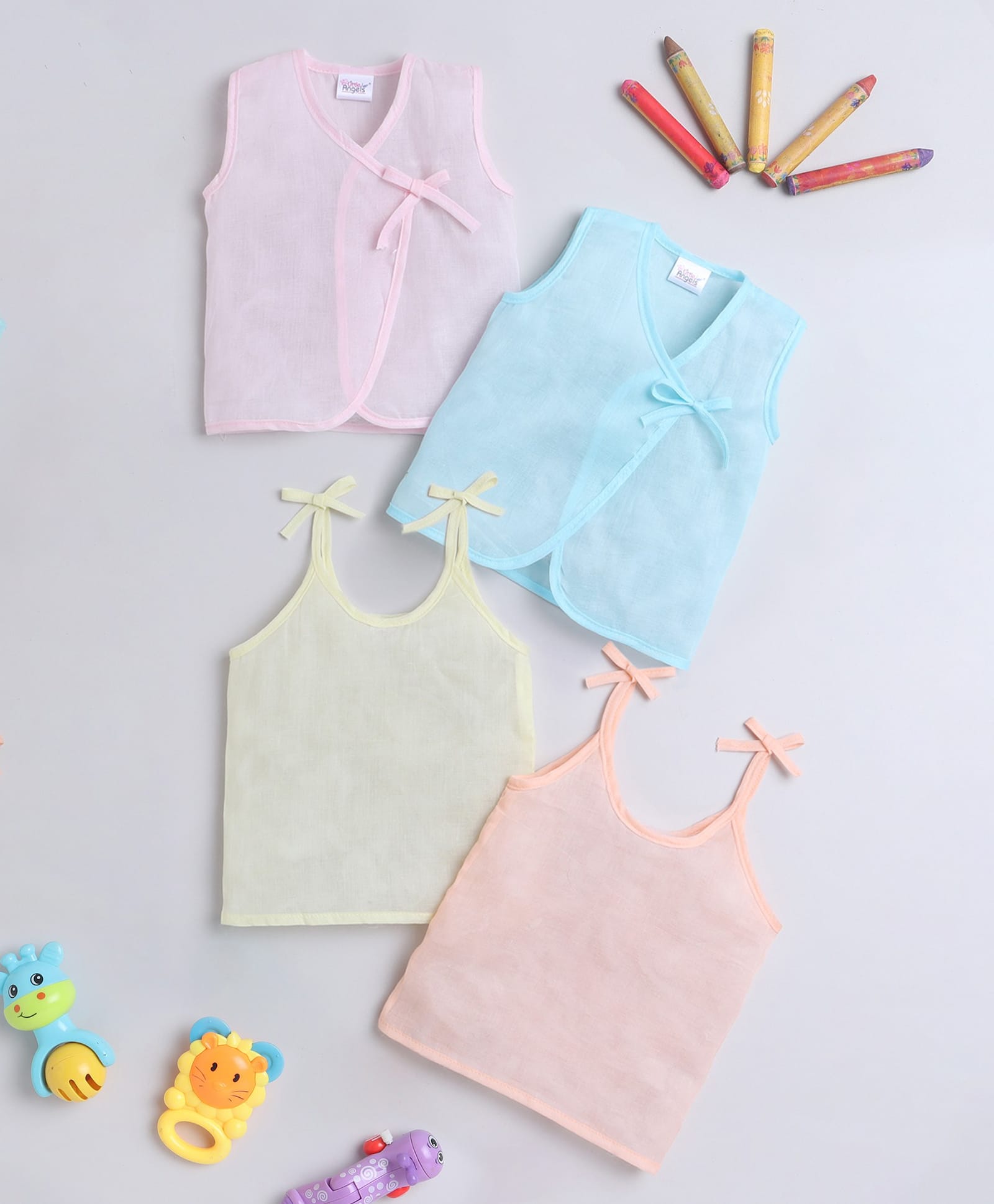 Little Angels Muslin Woven Pack Of 4 Sleeveless Solid Jhablas & Vests - Pink Blue Yellow & Peach-image-42