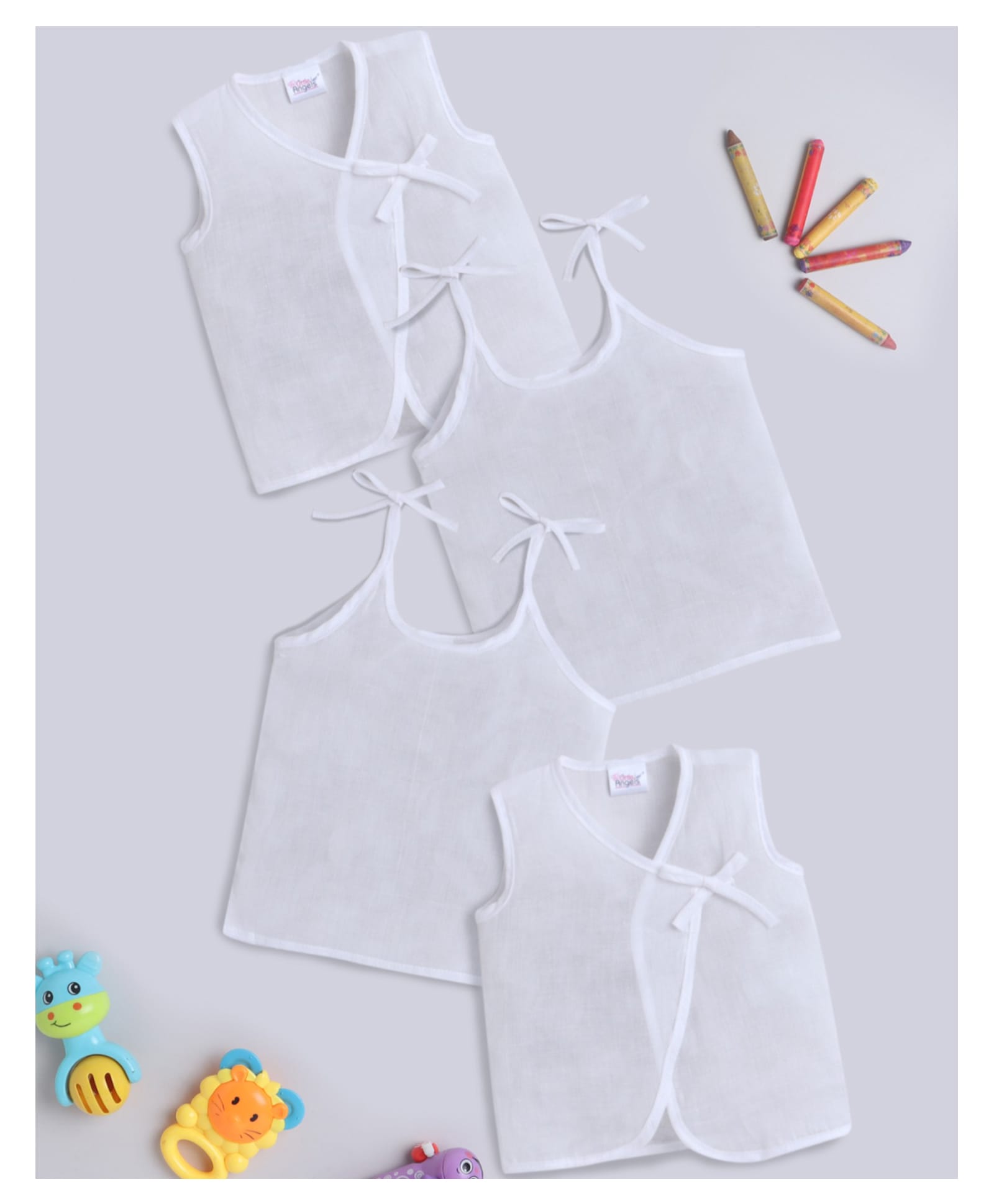 Little Angels Muslin Woven Pack Of 4 Sleeveless Solid Jhablas & Vests - White-image-34
