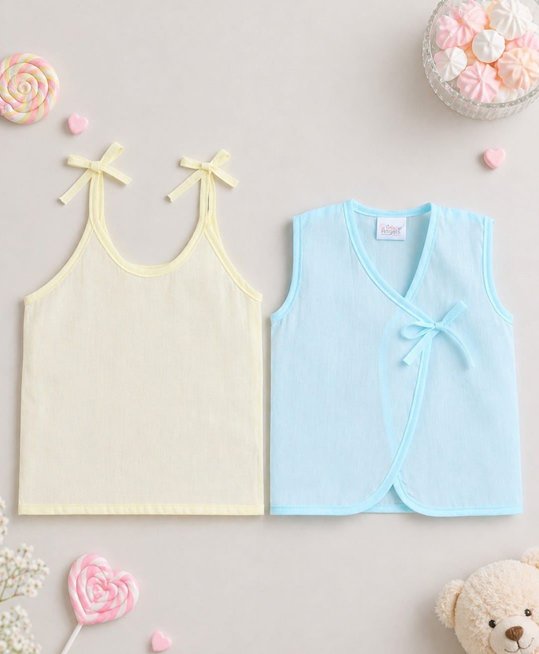 Little Angels Muslin Woven Pack Of 2 Sleeveless Solid Jhabla & Vest - Blue & Yellow-image-46