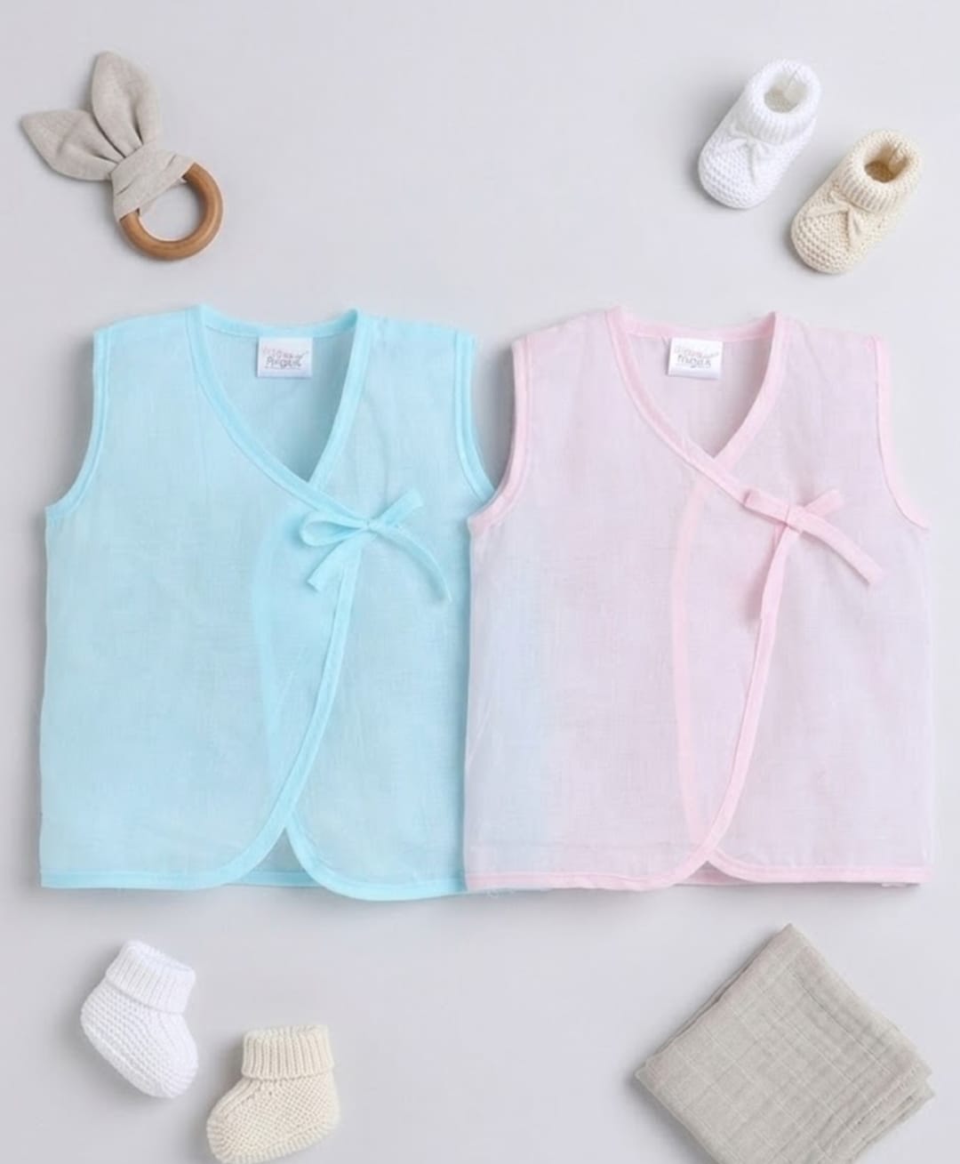 Little Angels Muslin Woven Pack Of 2 Sleeveless Solid Jhablas - Blue & Pink-image-41