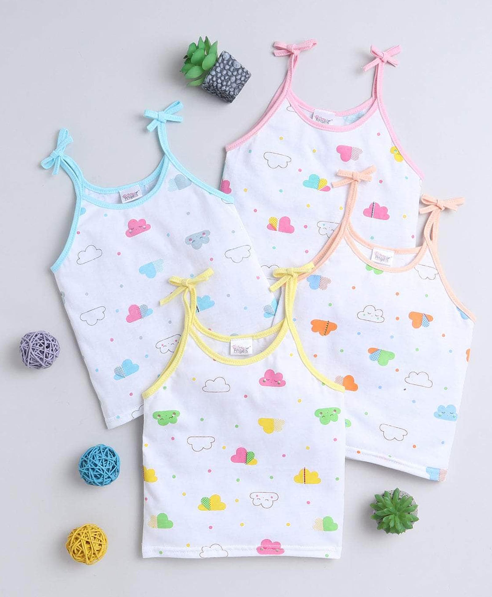 Little Angels Cotton Knit Pack Of 4 Sleeveless Cloud Printed Jhablas - Pink Blue Yellow & Peach-image-18