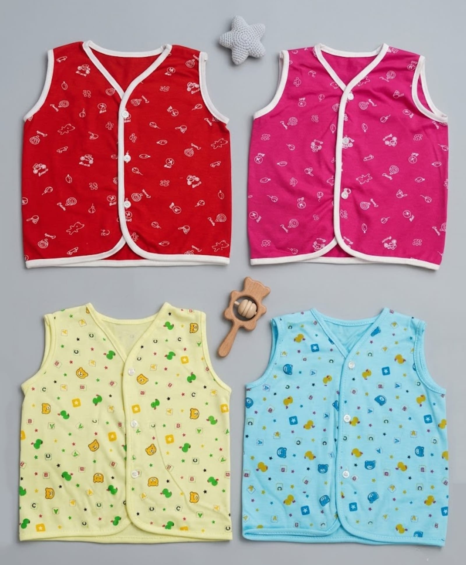 Little Angels Cotton Knit Pack Of 4 Sleeveless Bear & Vehicles Printed Vests - Red Rani Pink Blue & Yellow-image-15