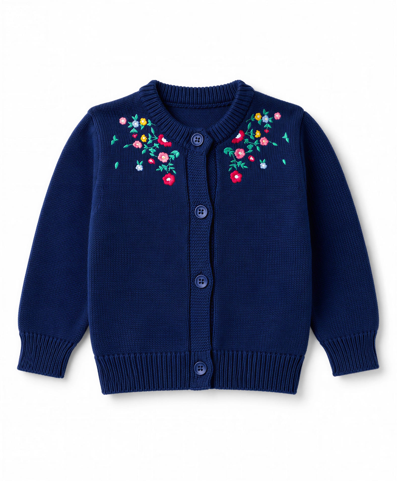 Babyoye Front Open Full Sleeves Sweaters with Floral Placement Embroidery - Navy-image-0