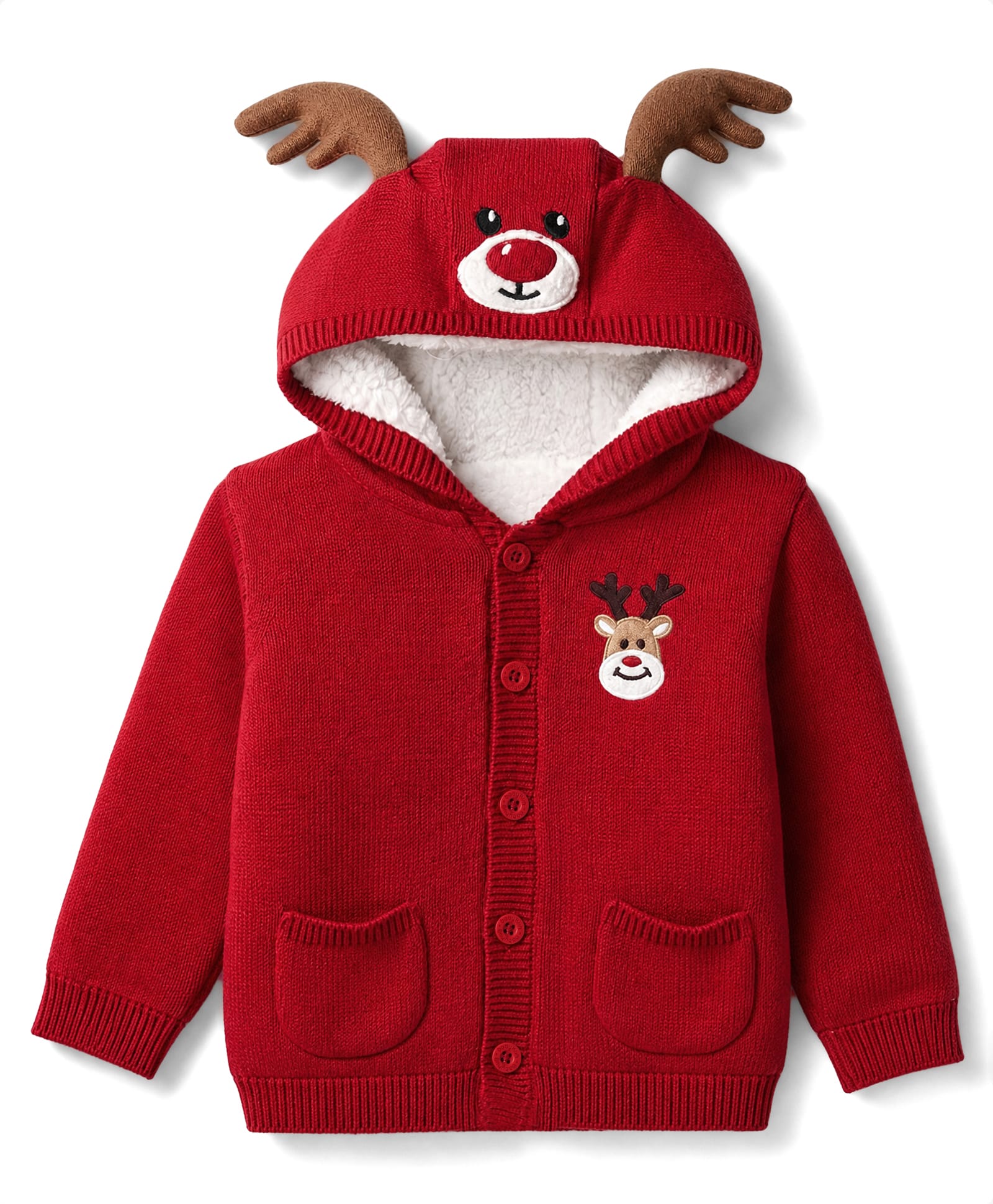 Babyhug Knit Full Sleeves Hooded Sweater with Rain Deer Embroidery - Red-picture-13