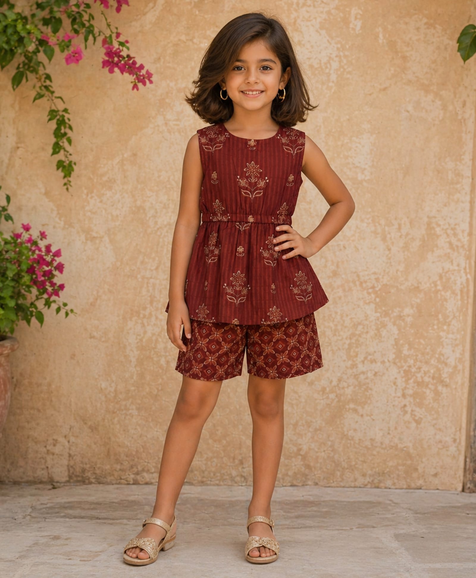 The Magic Wand Cotton Woven Sleeveless Striped & Floral Printed Peplum Top & Shorts Set - Rust-picture-13