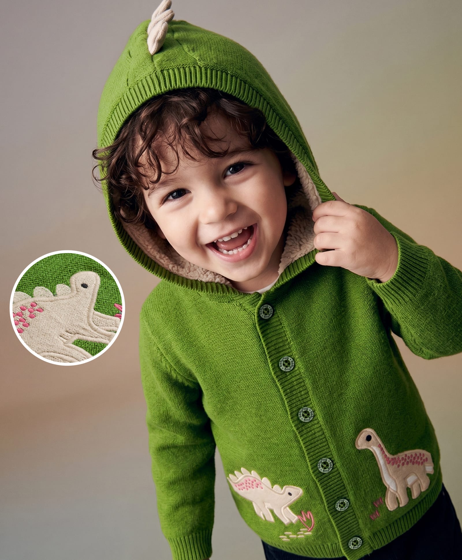 Babyhug Knit Full Sleeves Dino Embroidered Hooded Sweater - Green-picture-28