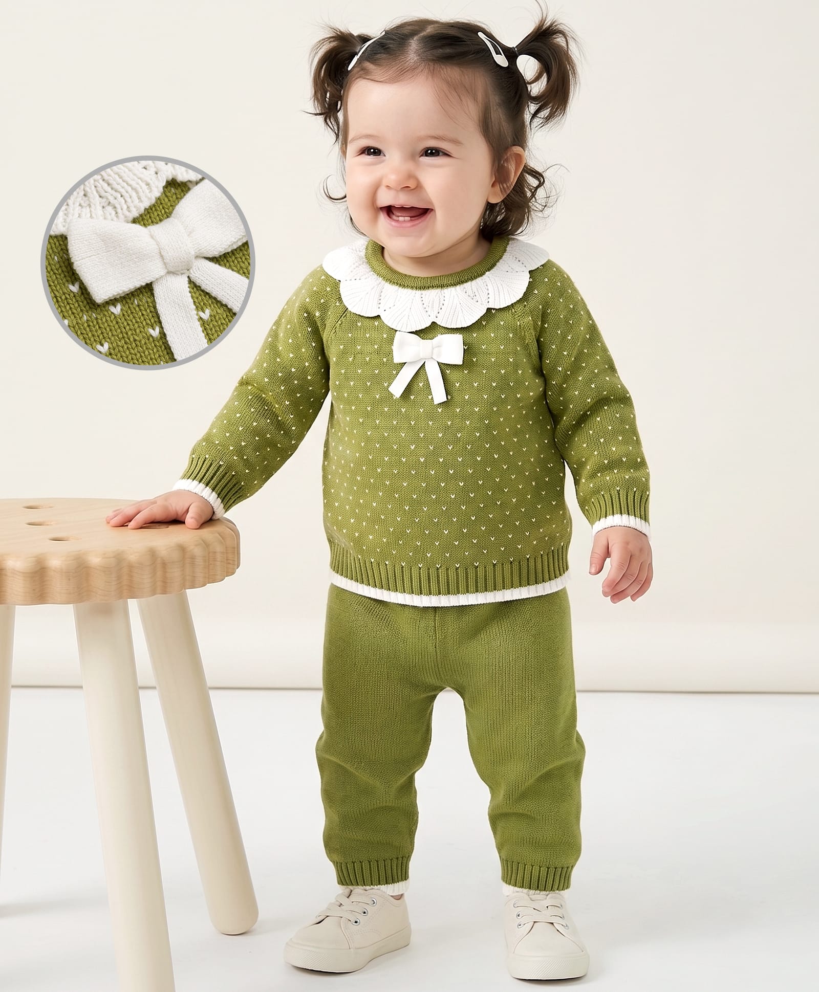 Babyoye Cotton Knit Baby Sweater Set with Neck Lace Design & Bow Applique - Olive Green-image-0