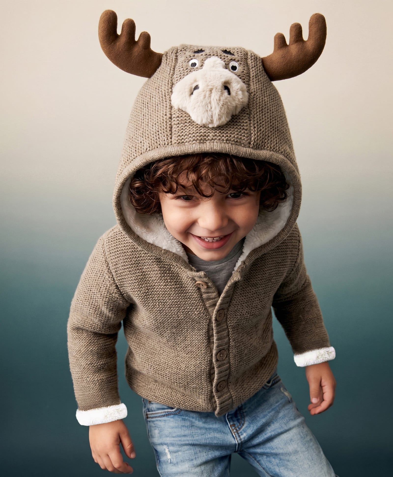 Babyhug Knit Full Sleeves Front Open Hooded Solid Colour Sweater with Reindeer Face Applique - Tan-image-45