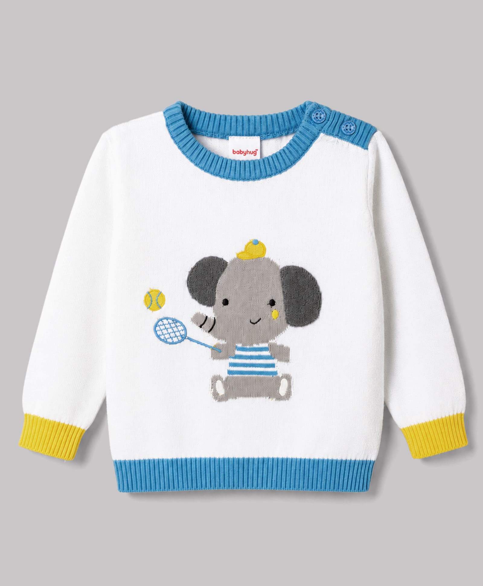 Babyhug Knit Full Sleeves Pullover with Elephant Design - White & Blue-image-20