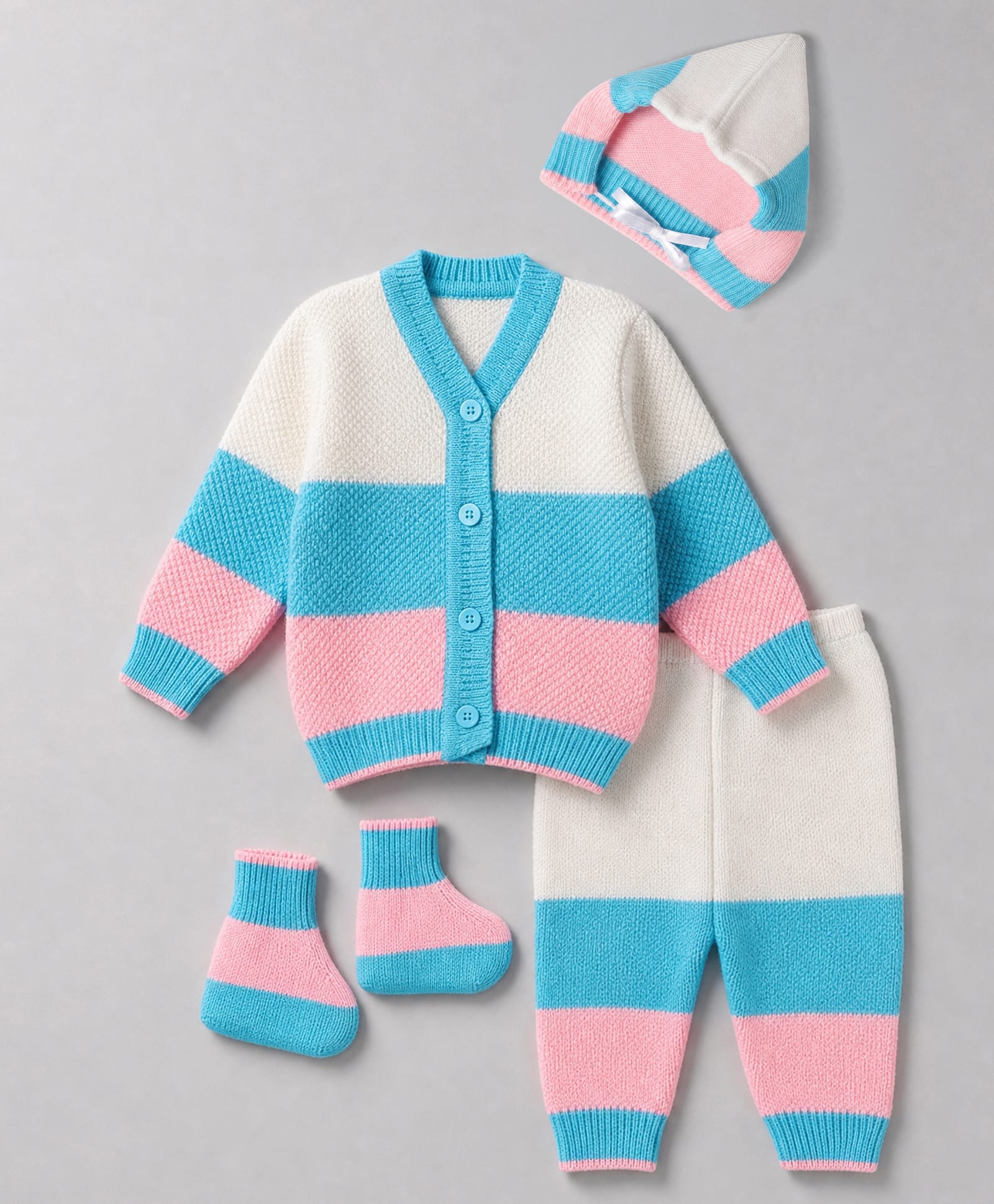 Babyhug Knit Full Sleeves Color Block Sweater Set With Cap & Booties - White & Blue-picture-28
