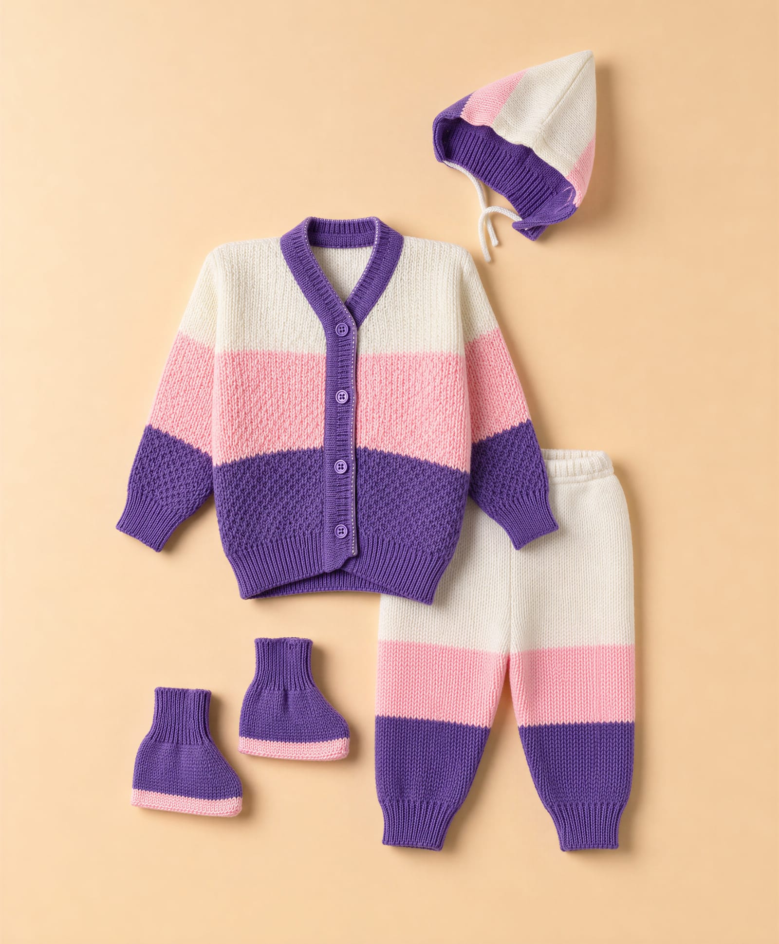 Babyhug Knit Full Sleeves Color Block Sweater Set With Cap & Booties - White & Lavender-image-41