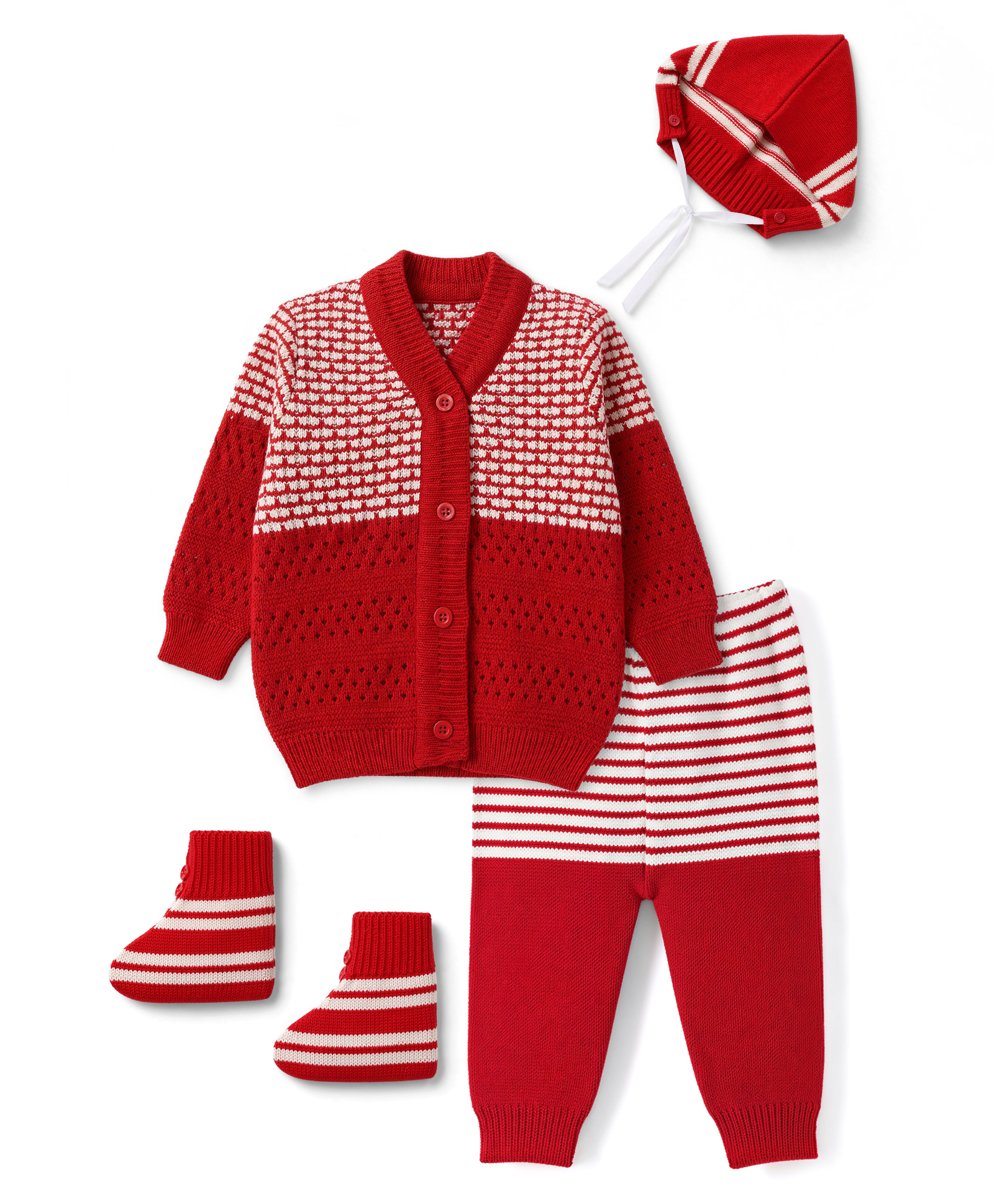 Babyhug Knit Full Sleeves Abstract Design Sweater Set with Cap & Booties - Red-picture-10