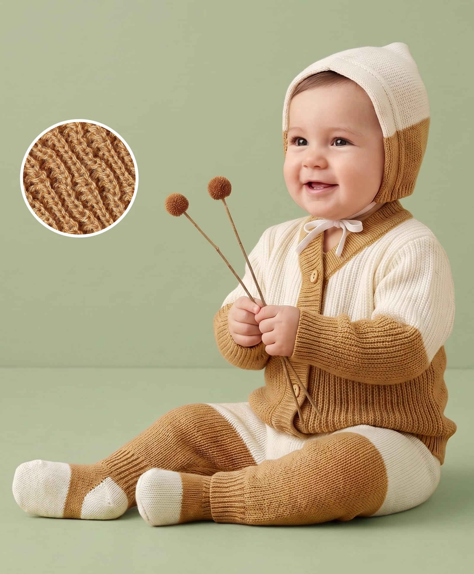 Babyhug Knit Full Sleeves Color Block Sweater Set With Cap & Booties - White & Beige-picture-11
