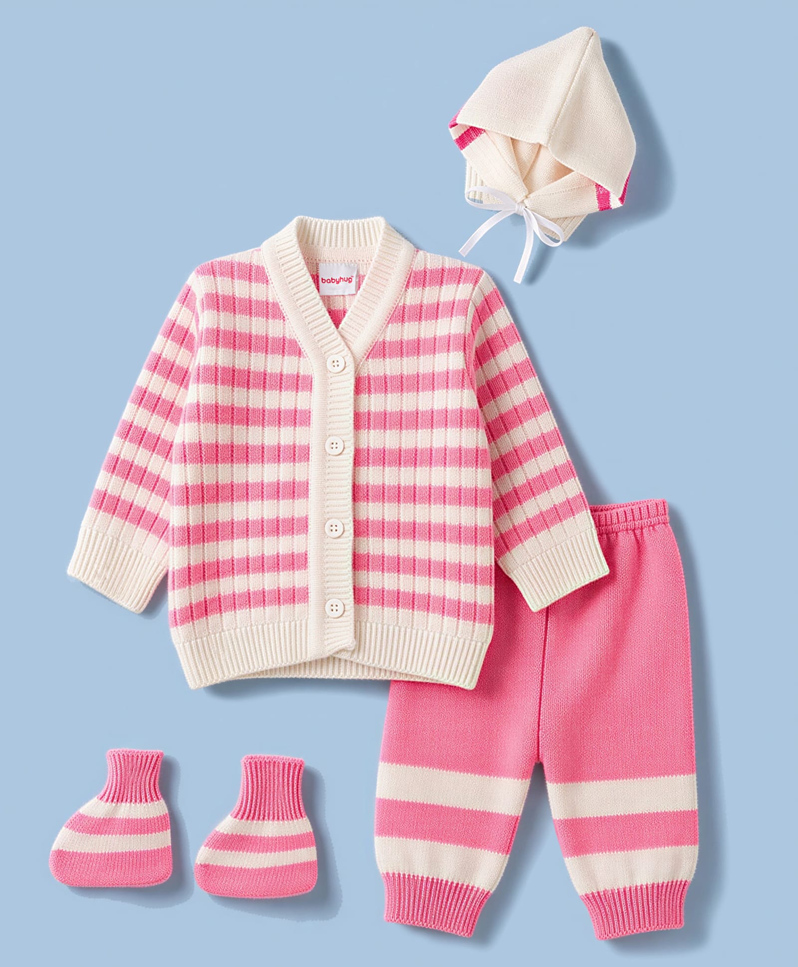 Babyhug Knit Full Sleeves Striped Sweater Set With Cap & Booties Set - Pink-image-32