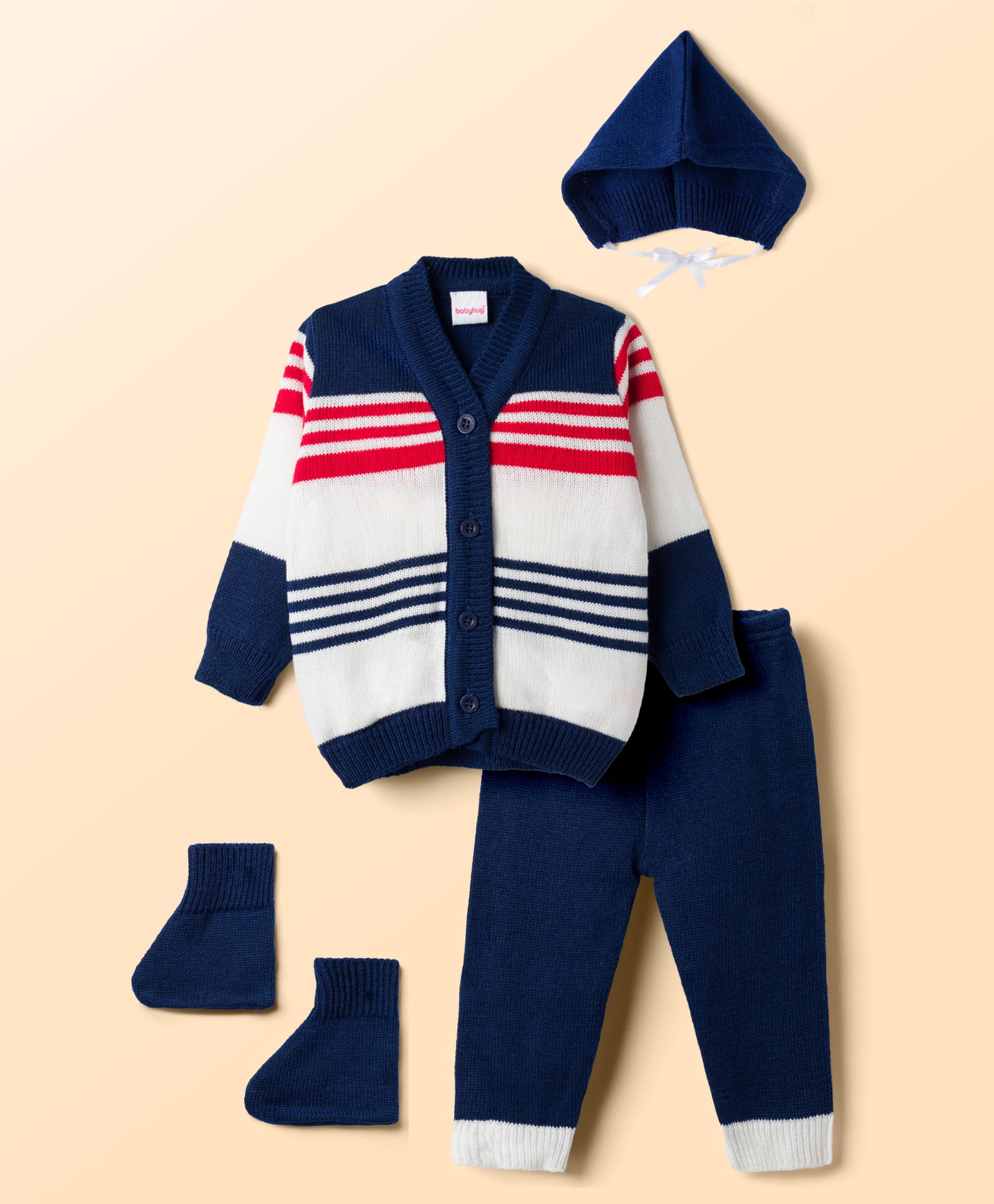 Babyhug Knit Full Sleeves Striped Sweater Set With Cap & Booties - Navy Blue-image-34