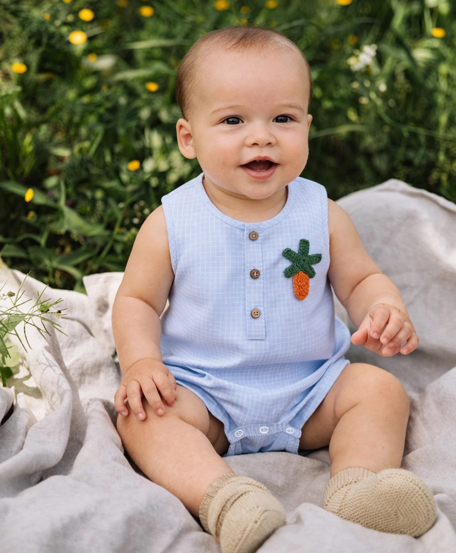 Somersault Cotton Woven Sleeveless Graph Checked & Carrot Embroidered Onesie - Blue-picture-17
