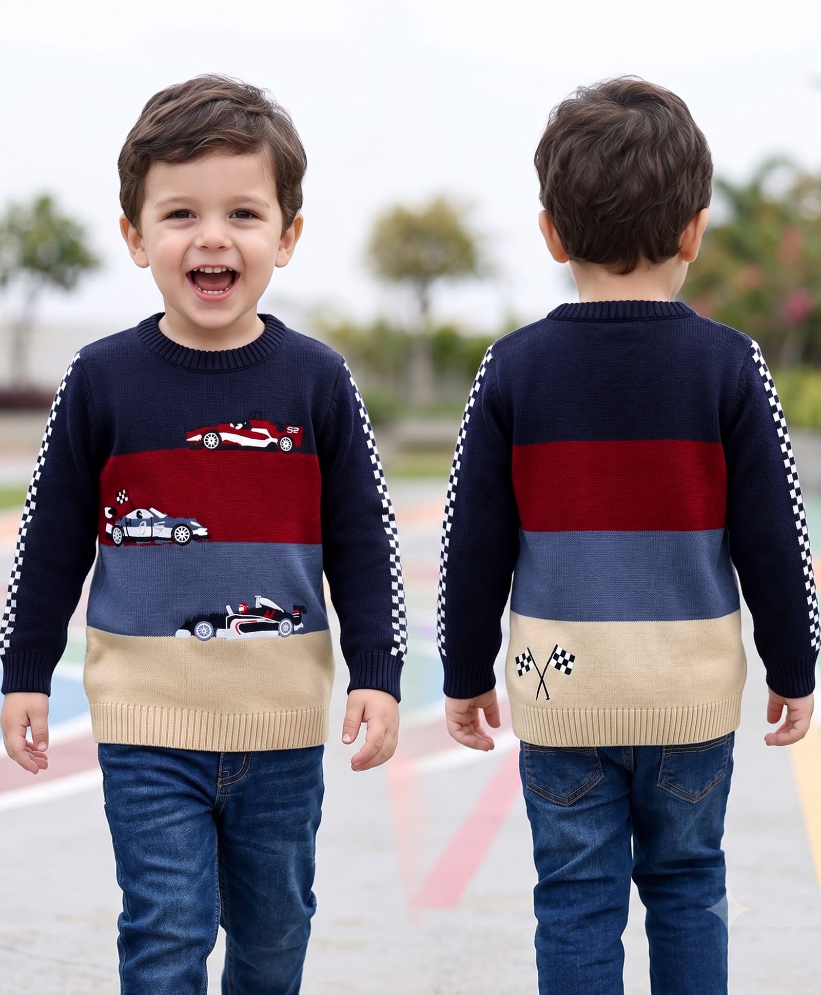 Babyhug Knit Full Sleeves Colour Block Pullover with Car Embroidered Design - Navy-image-39